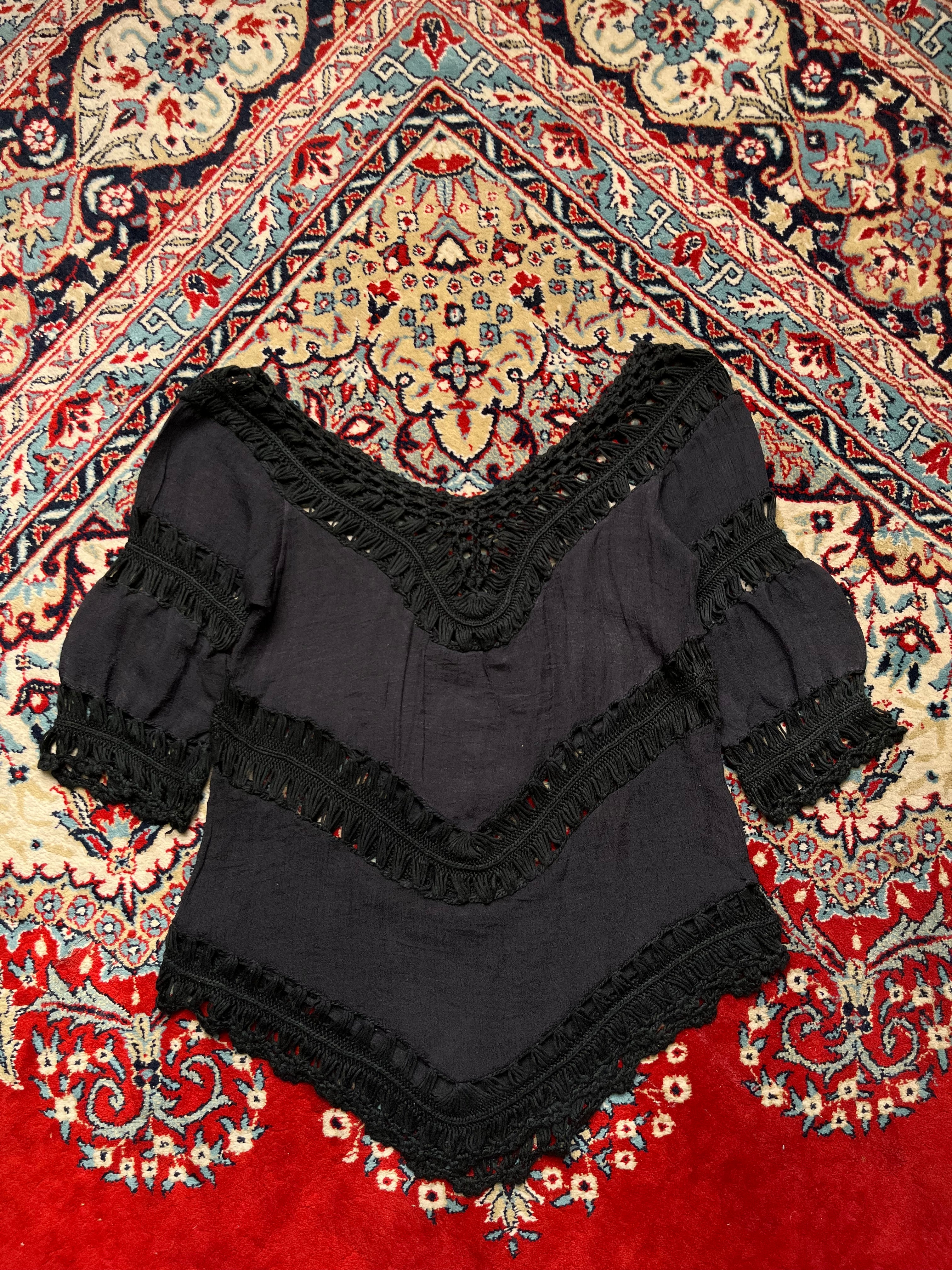 Women Black Blouse Crochet Lace Chevron Top - S
