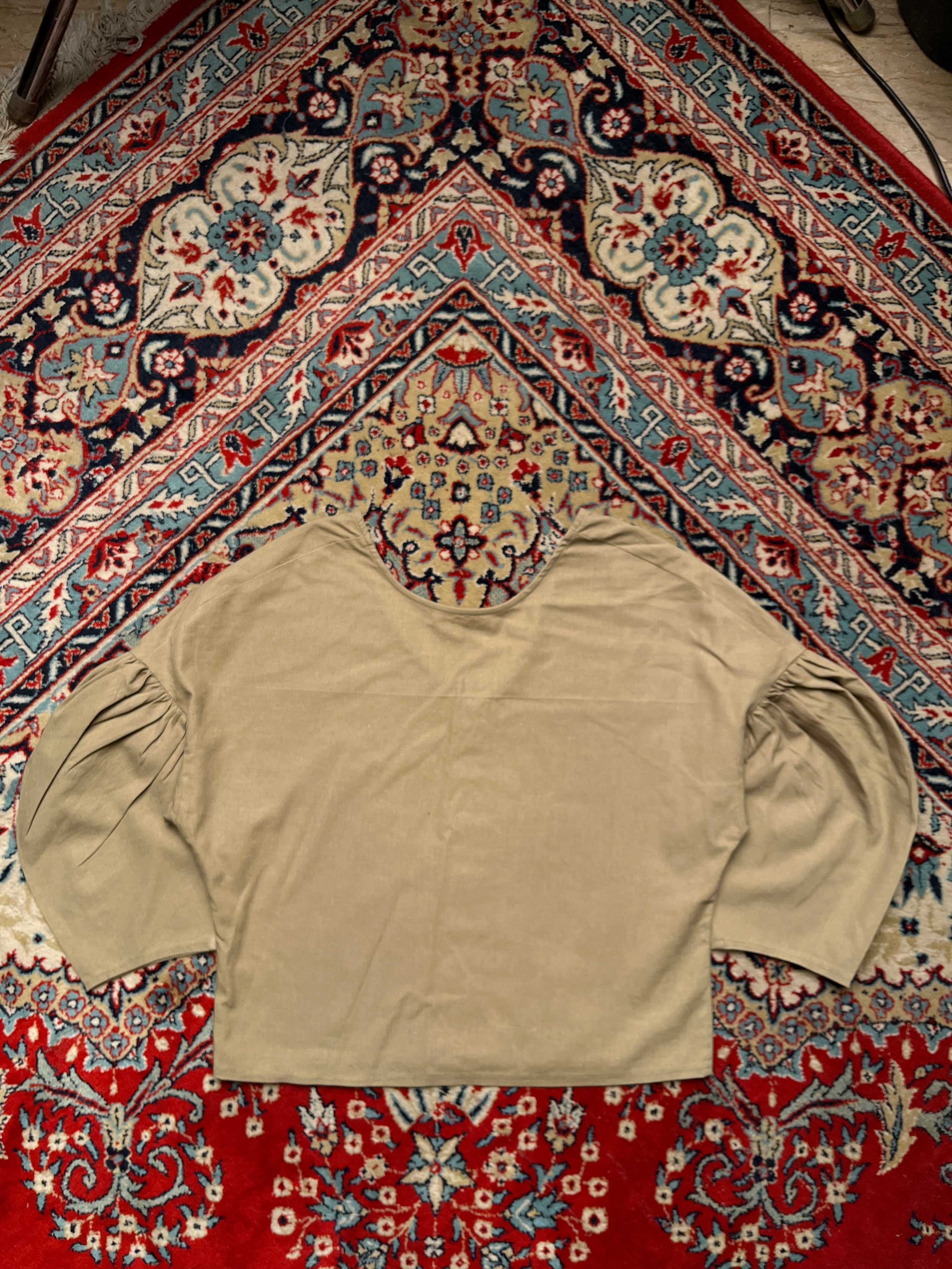 Women Linen Tan Button Up Puff Sleeve V-Neck Casual Blouse - XL