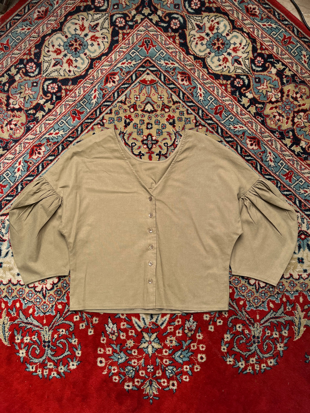 Women Linen Tan Button Up Puff Sleeve V-Neck Casual Blouse - XL