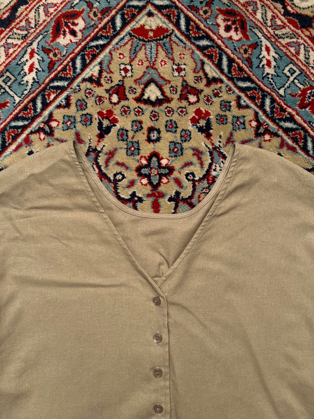 Women Linen Tan Button Up Puff Sleeve V-Neck Casual Blouse - XL