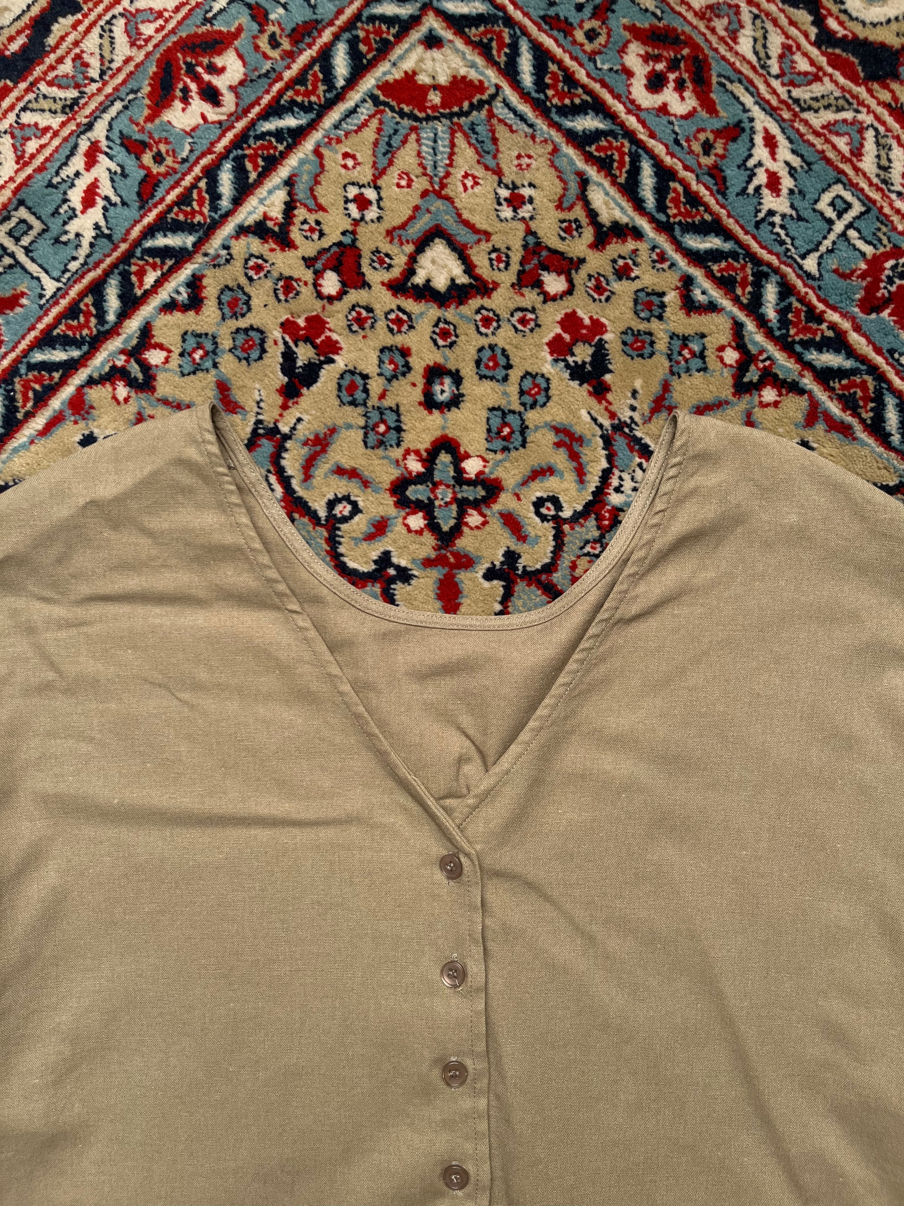 Women Linen Tan Button Up Puff Sleeve V-Neck Casual Blouse - XL