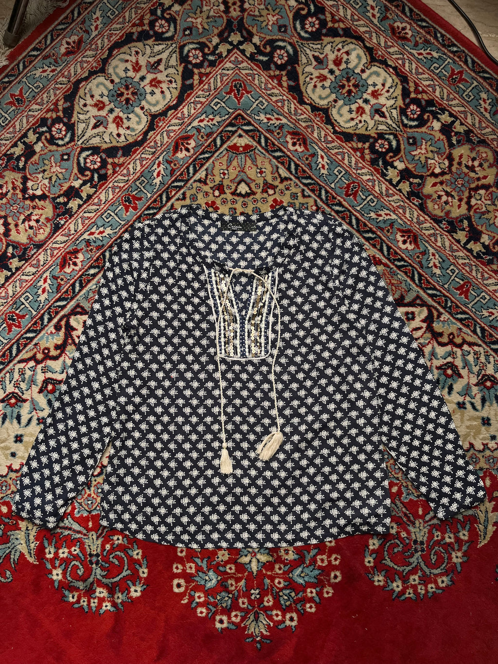 Carminn Paris Women Navy Blue Cotton Geometric Print Blouse - L