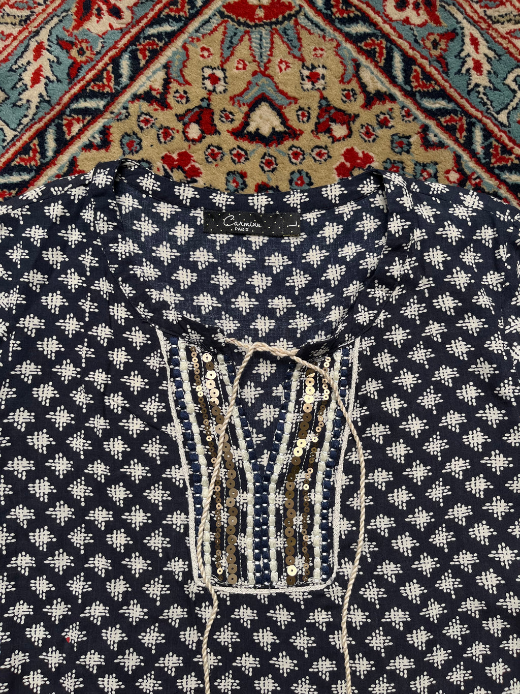 Carminn Paris Women Navy Blue Cotton Geometric Print Blouse - L