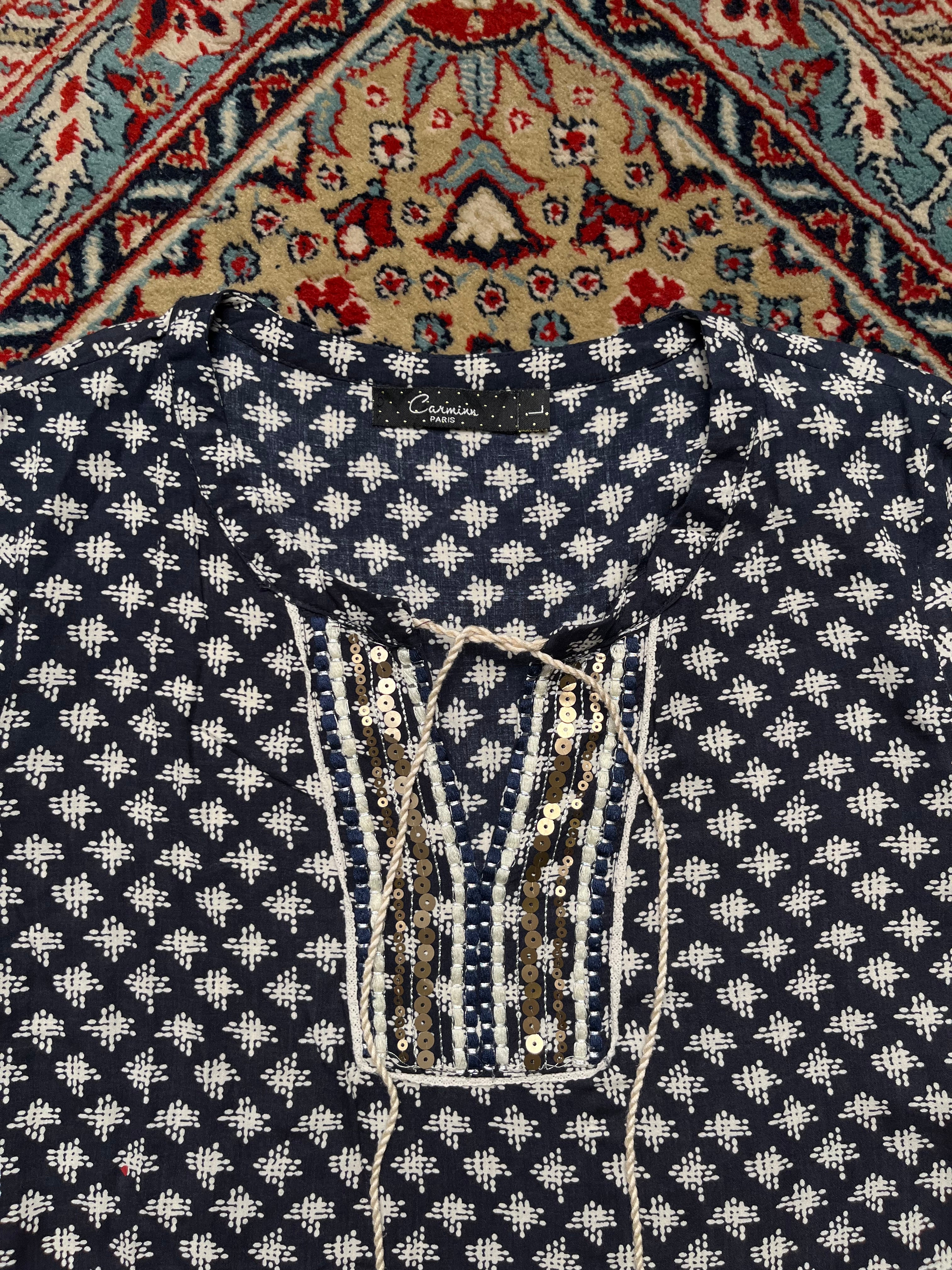 Carminn Paris Women Navy Blue Cotton Geometric Print Blouse - L