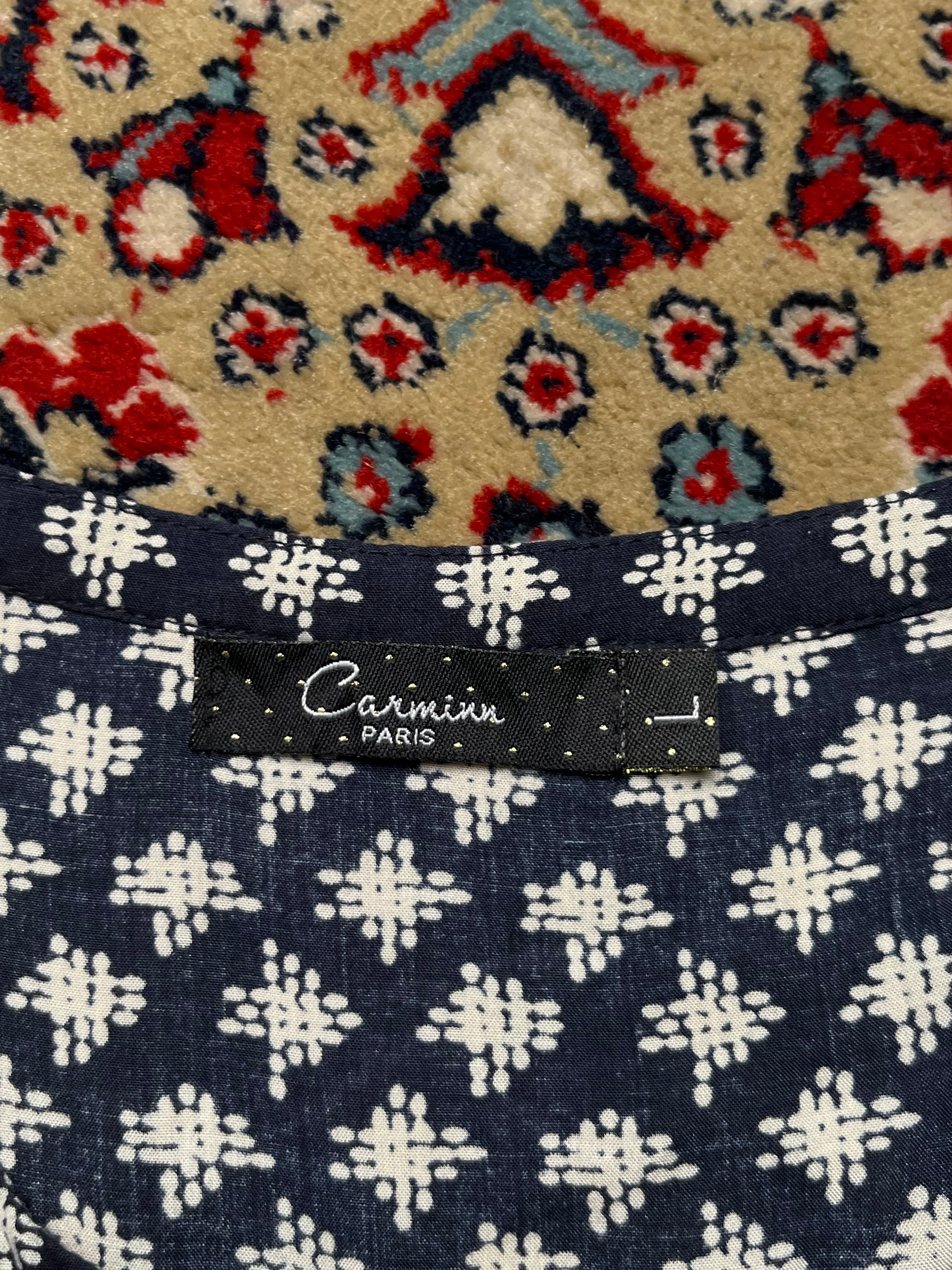 Carminn Paris Women Navy Blue Cotton Geometric Print Blouse - L