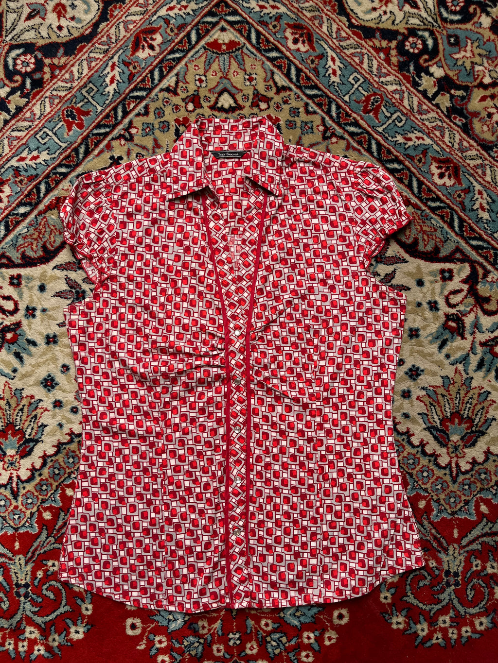 Top Secret Red Geometric Print Button Up Blouse  - L
