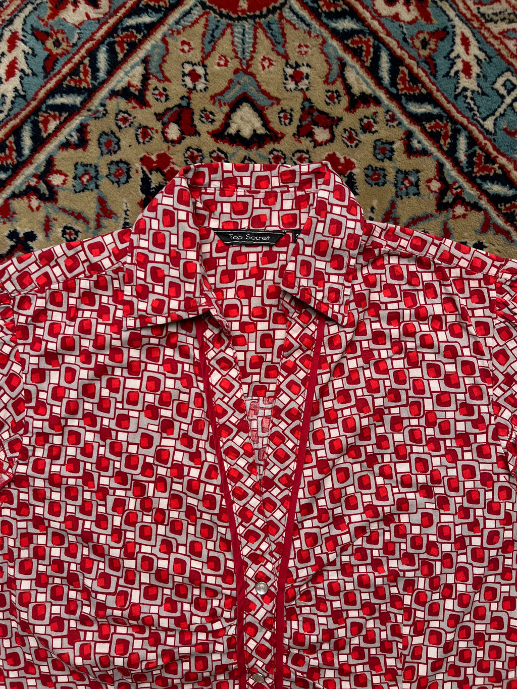 Top Secret Red Geometric Print Button Up Blouse  - L