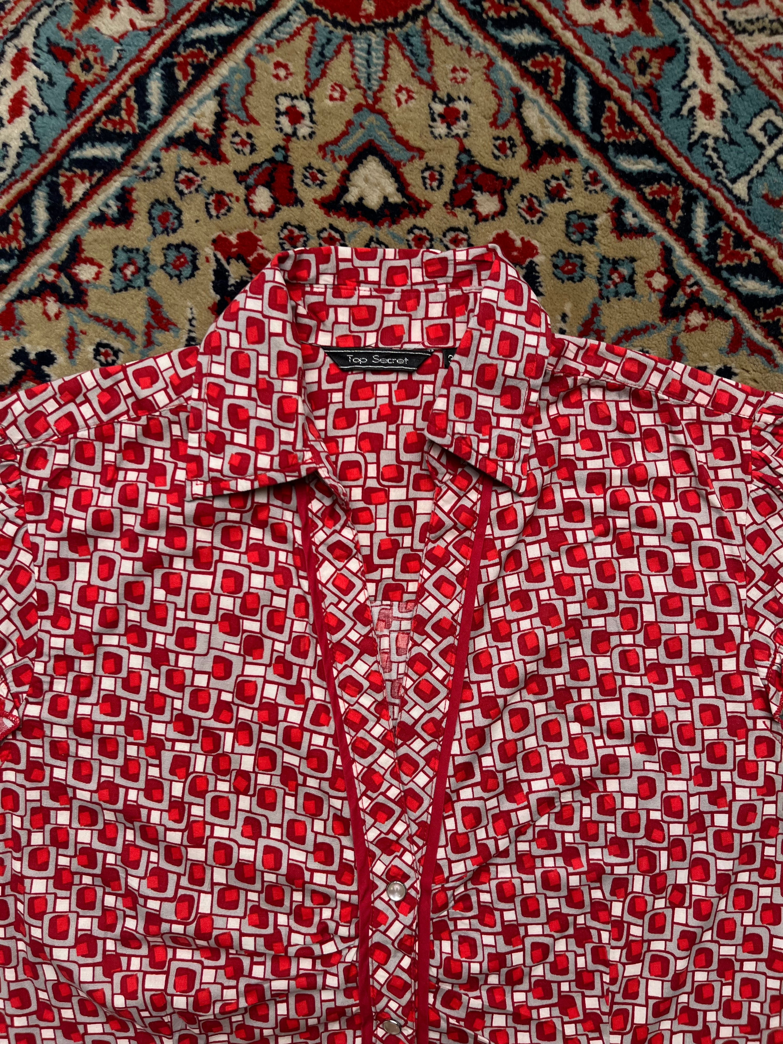 Top Secret Red Geometric Print Button Up Blouse  - L
