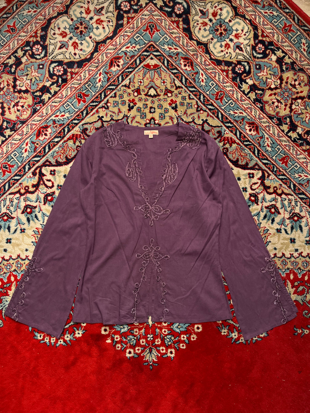 Ici et Maintenant Purple Cotton Embroidered Soutache V-Neck Blouse - L