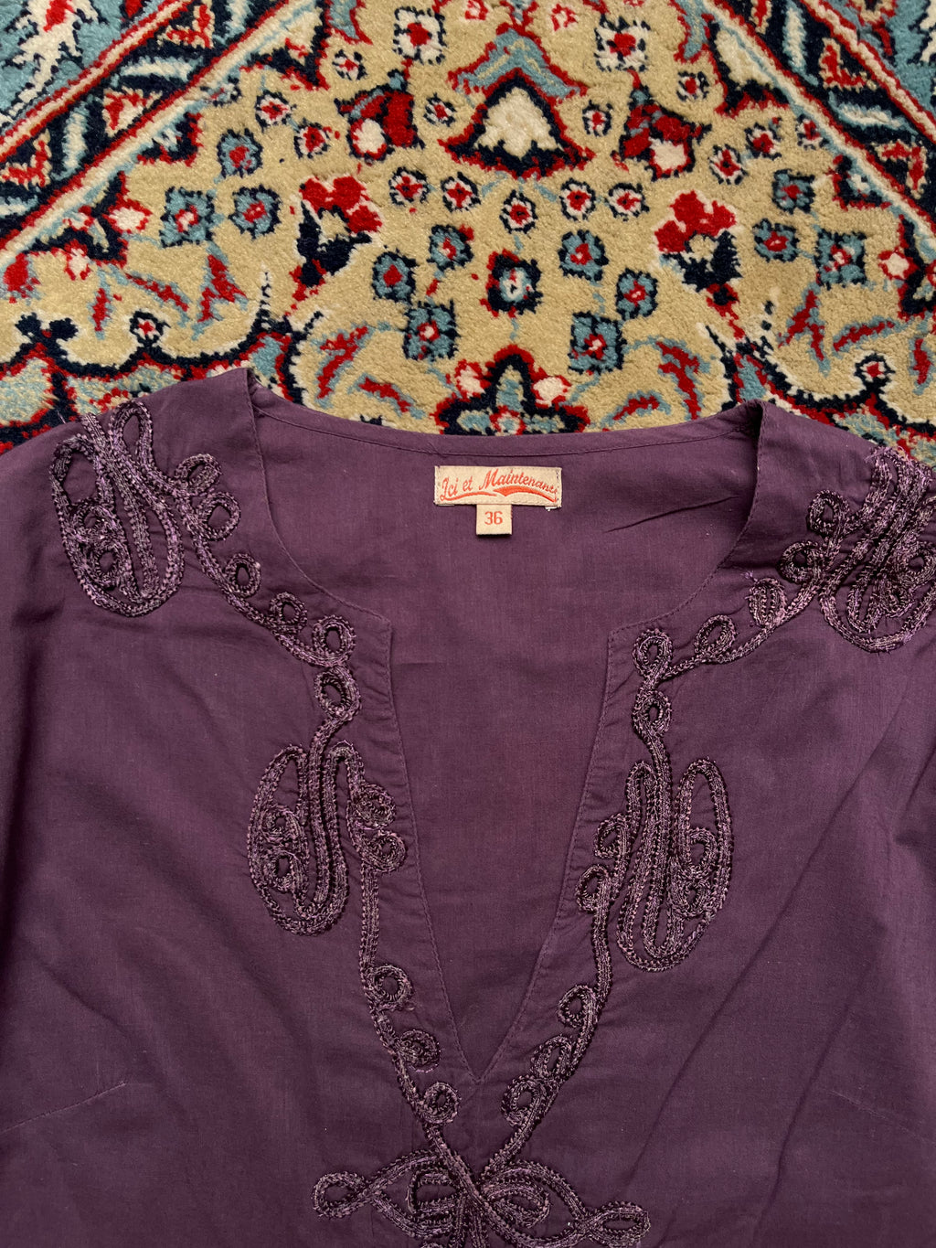 Ici et Maintenant Purple Cotton Embroidered Soutache V-Neck Blouse - L