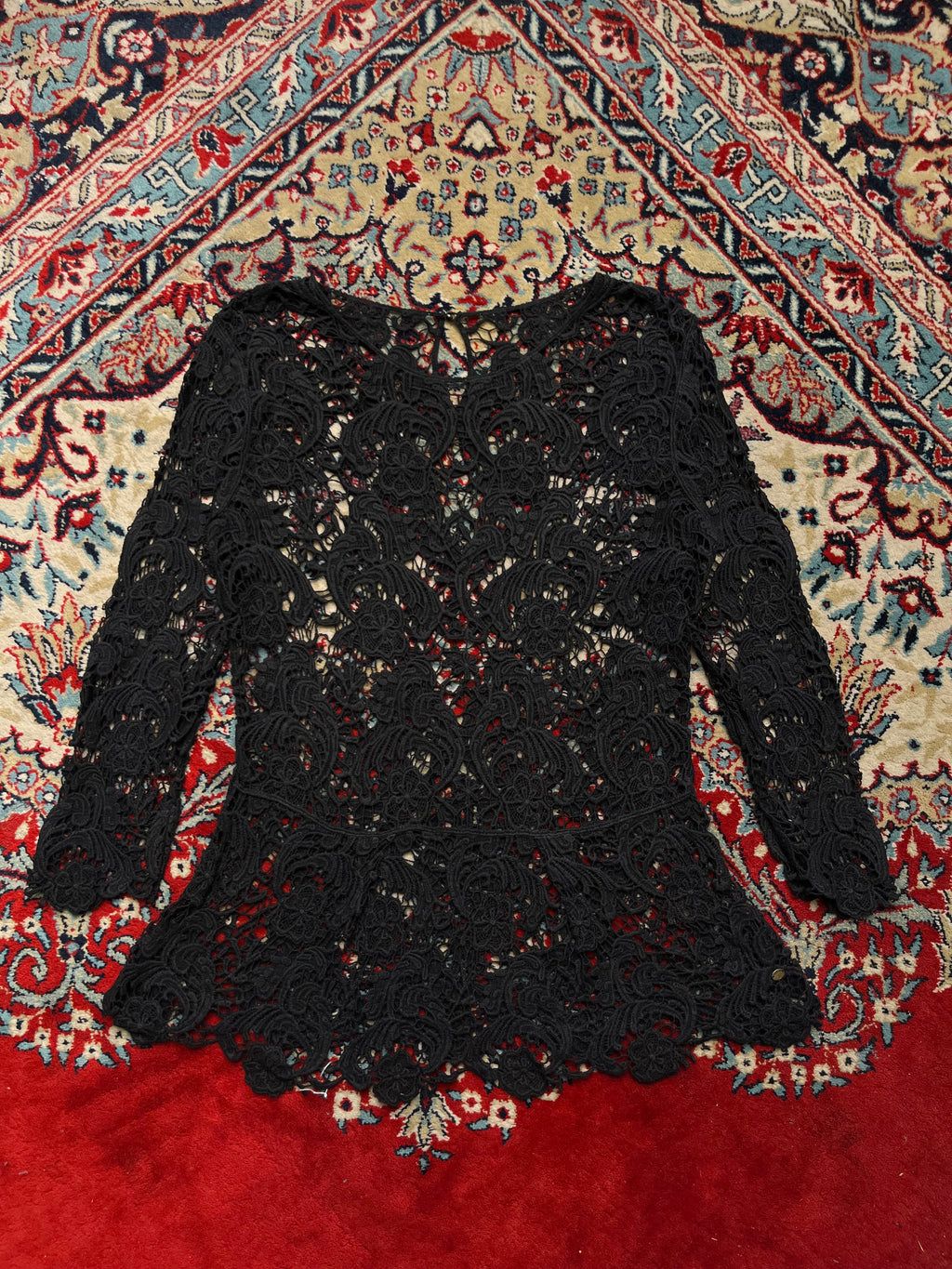 Vintage Women Black Floral Lace Sheer SHIRT - M