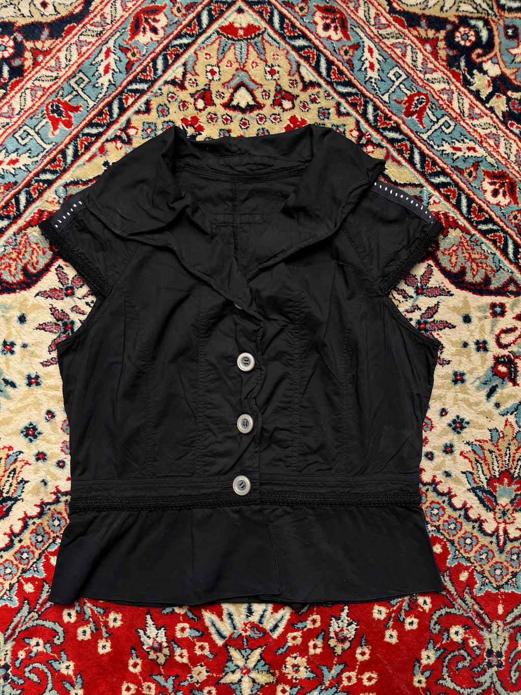Vintage Women Black Cotton Cap Sleeve Button Up Peplum Blouse - L
