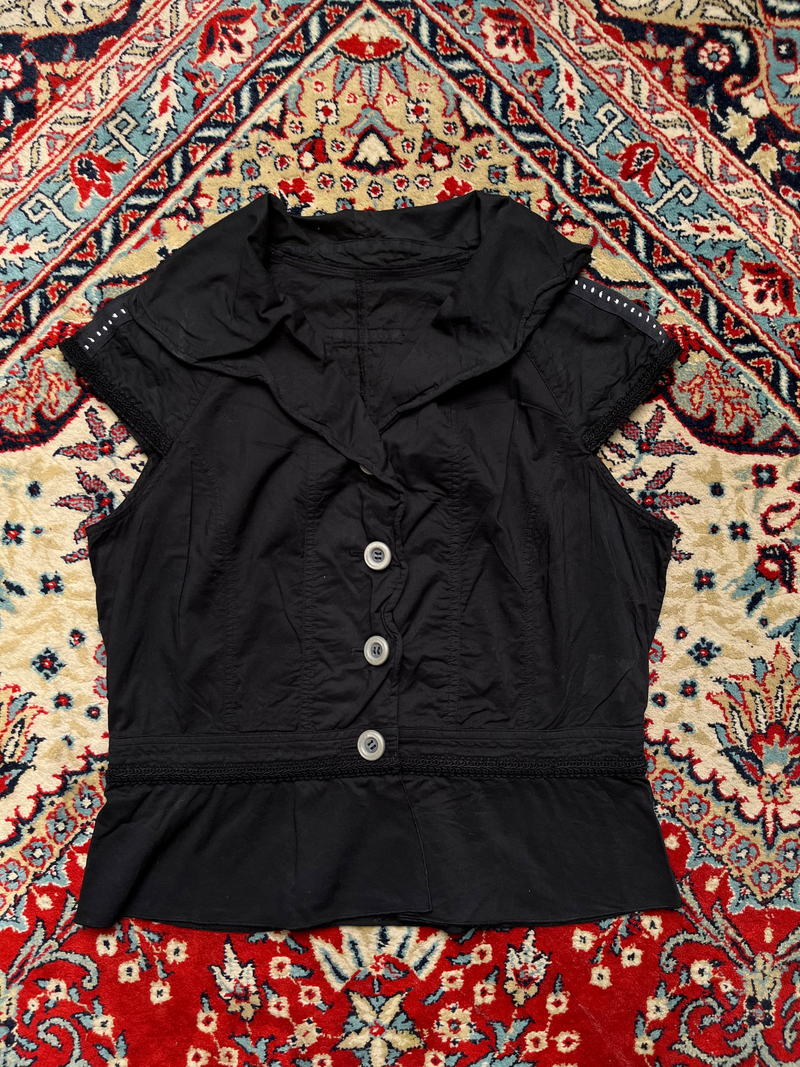 Vintage Women Black Cotton Cap Sleeve Button Up Peplum Blouse - L