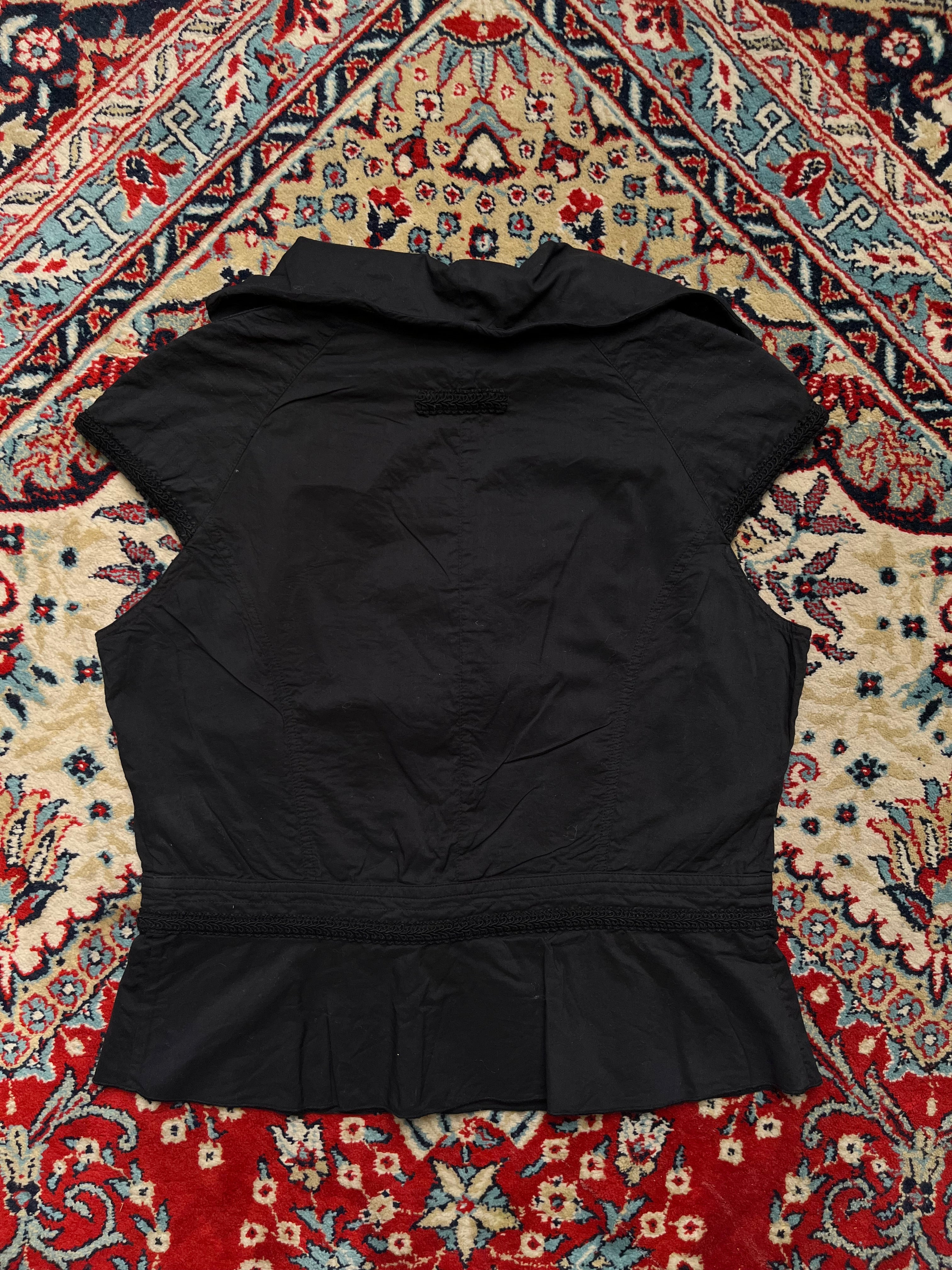 Vintage Women Black Cotton Cap Sleeve Button Up Peplum Blouse - L