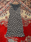 Womens Black White Floral Silk Chiffon Ruffle V-Neck Dress - M