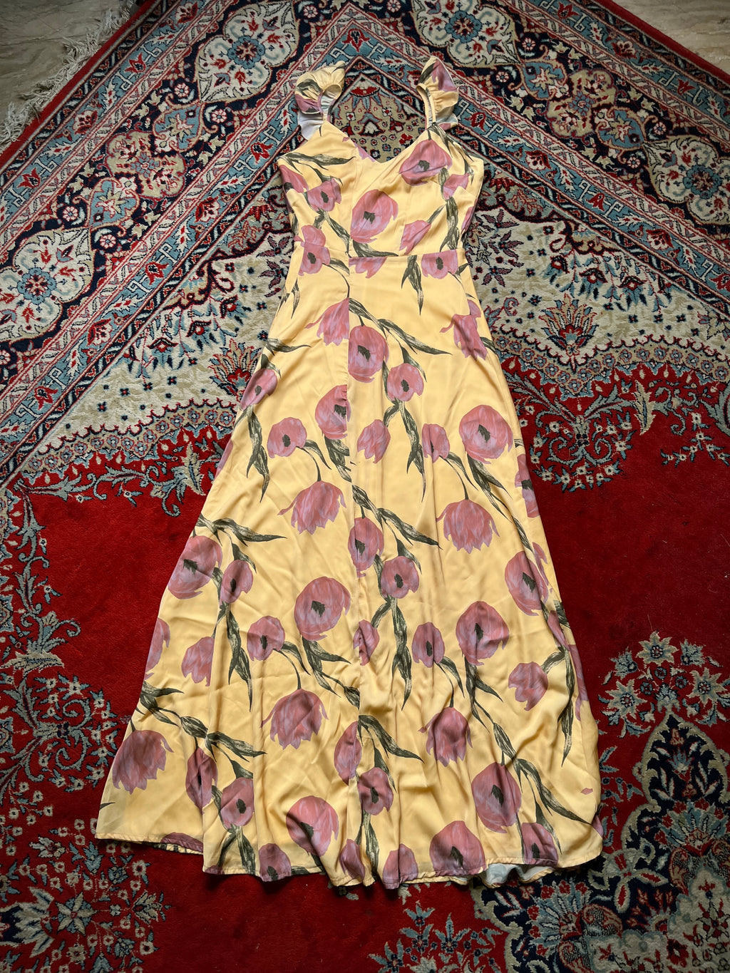 KOCCA Kikapax Yellow Pink Floral Ruffle Sleeve V-Neck Maxi Dress - S