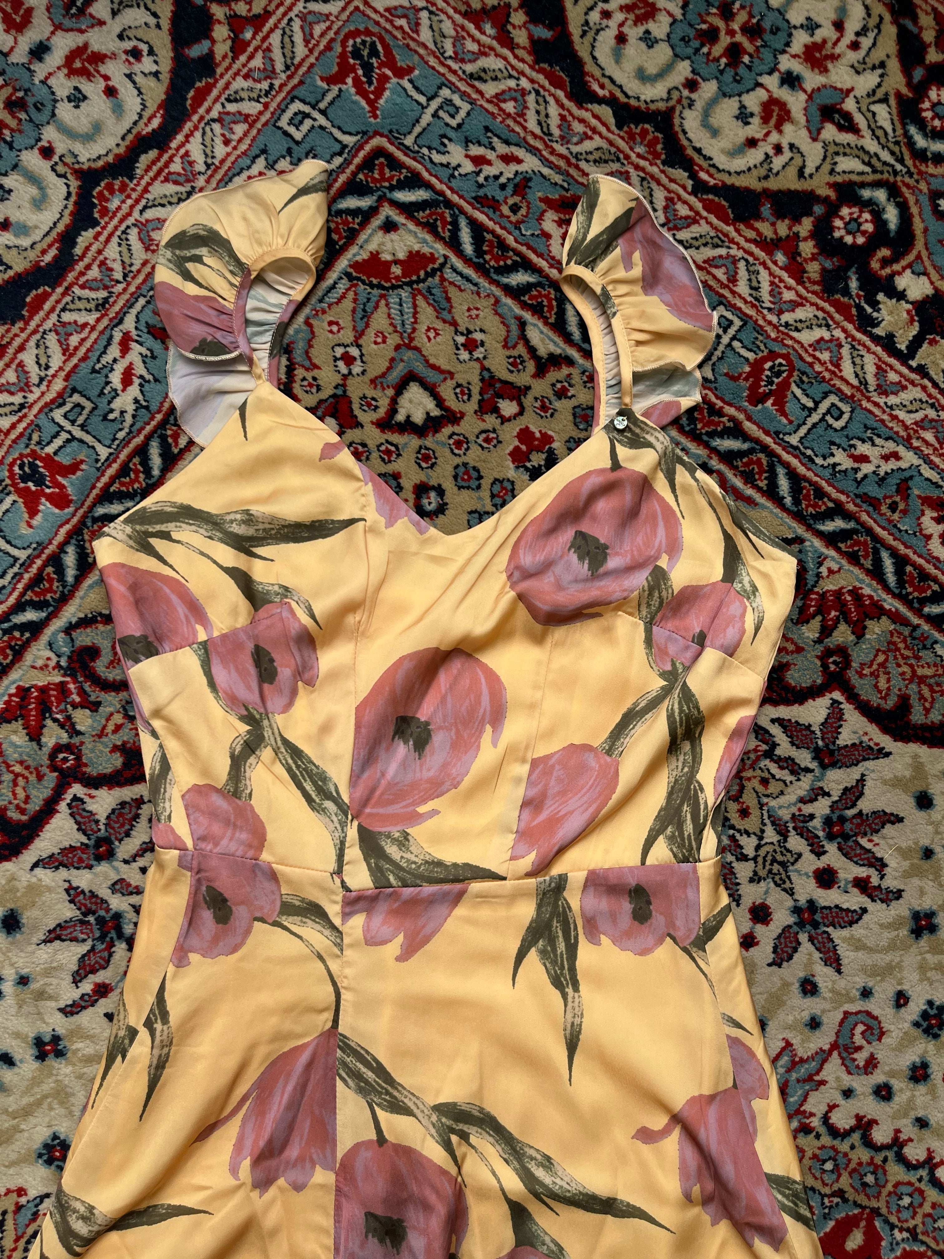 KOCCA Kikapax Yellow Pink Floral Ruffle Sleeve V-Neck Maxi Dress - S