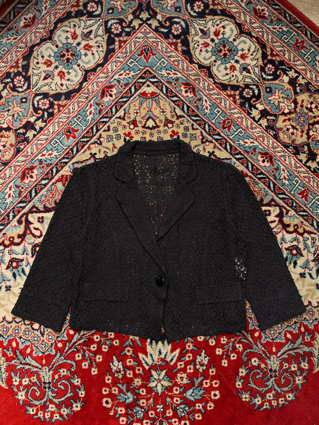 Vintage SEDIOURE Japanese Black Floral Lace Cropped Mesh Blazer - XL
