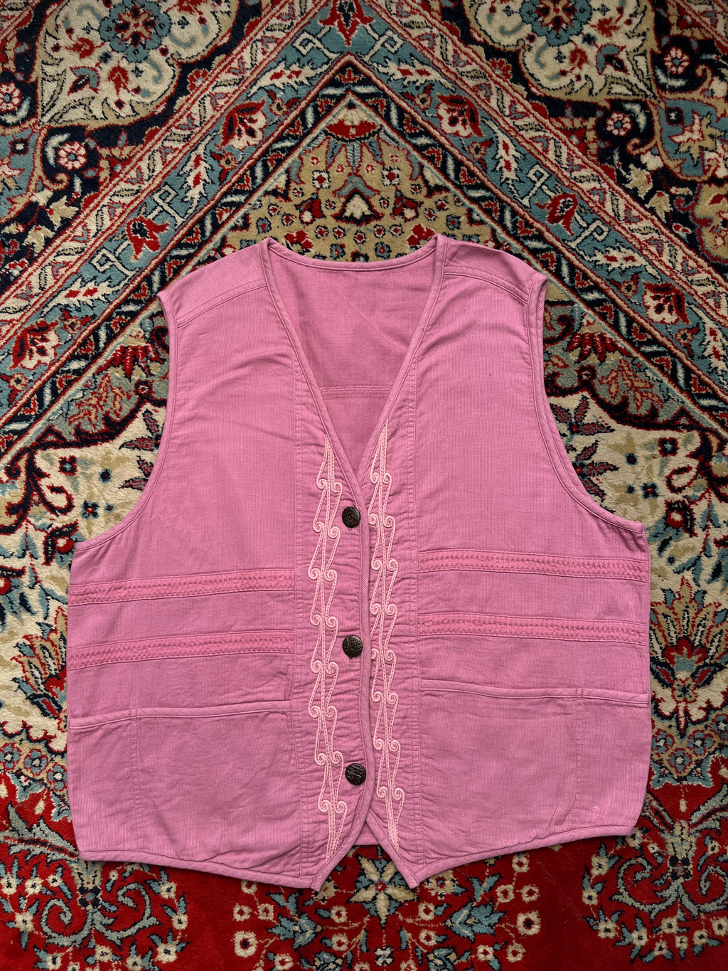 Vintage Japanese Pink Embroidered Cotton Linen Vest - XL