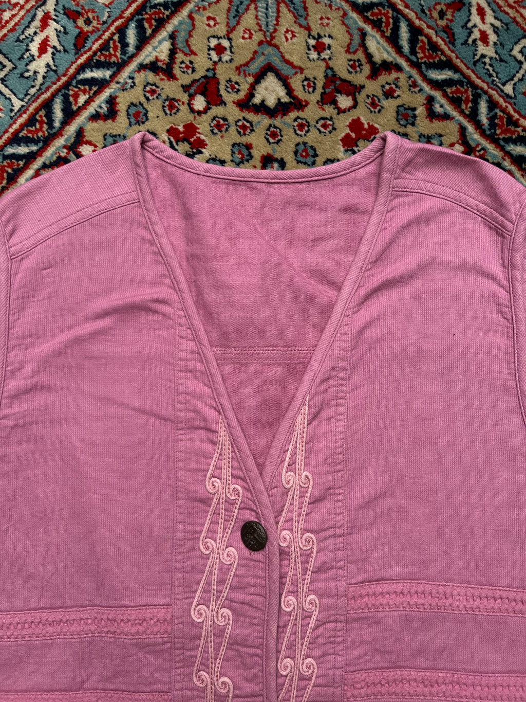 Vintage Japanese Pink Embroidered Cotton Linen Vest - XL