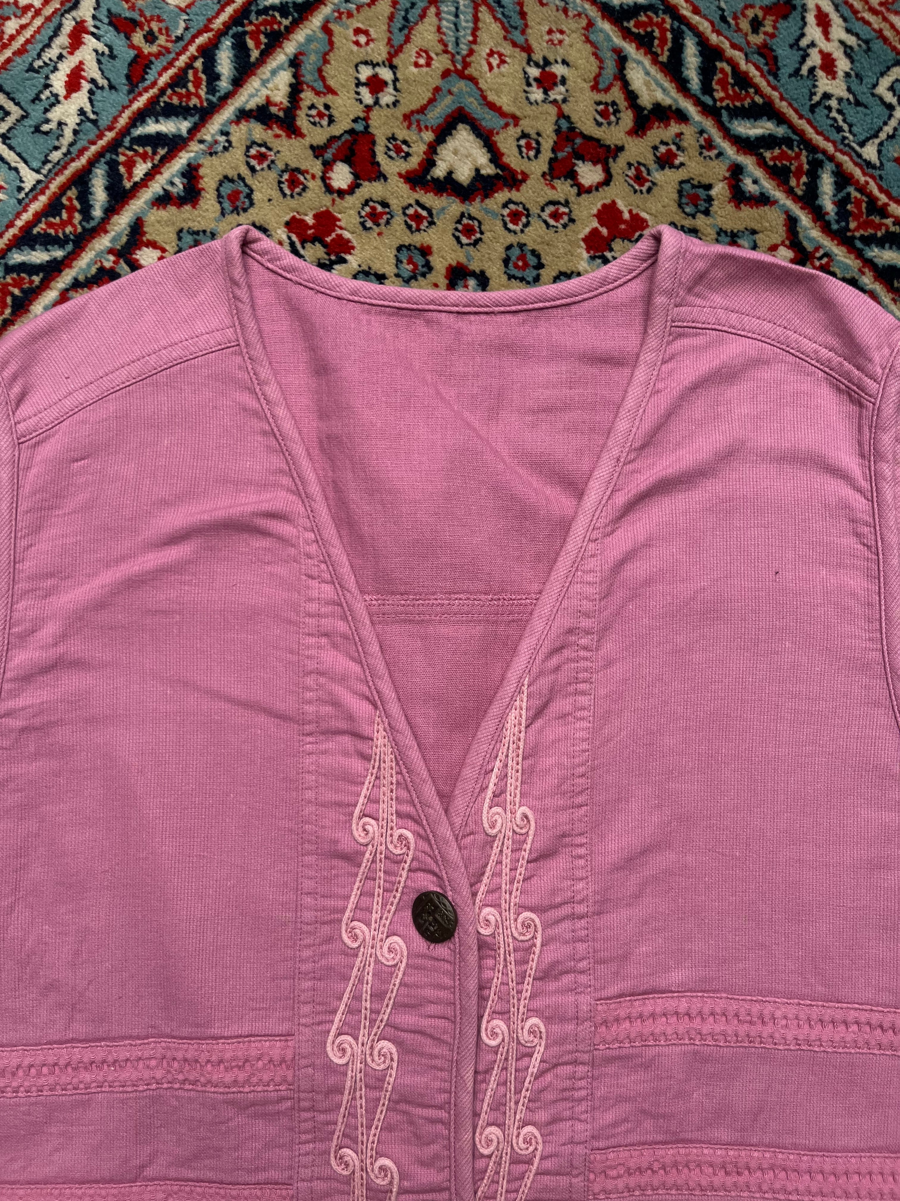 Vintage Japanese Pink Embroidered Cotton Linen Vest - XL