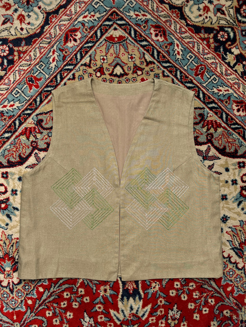 Vintage Womens Embroidered Green Geometric Linen Vest - L
