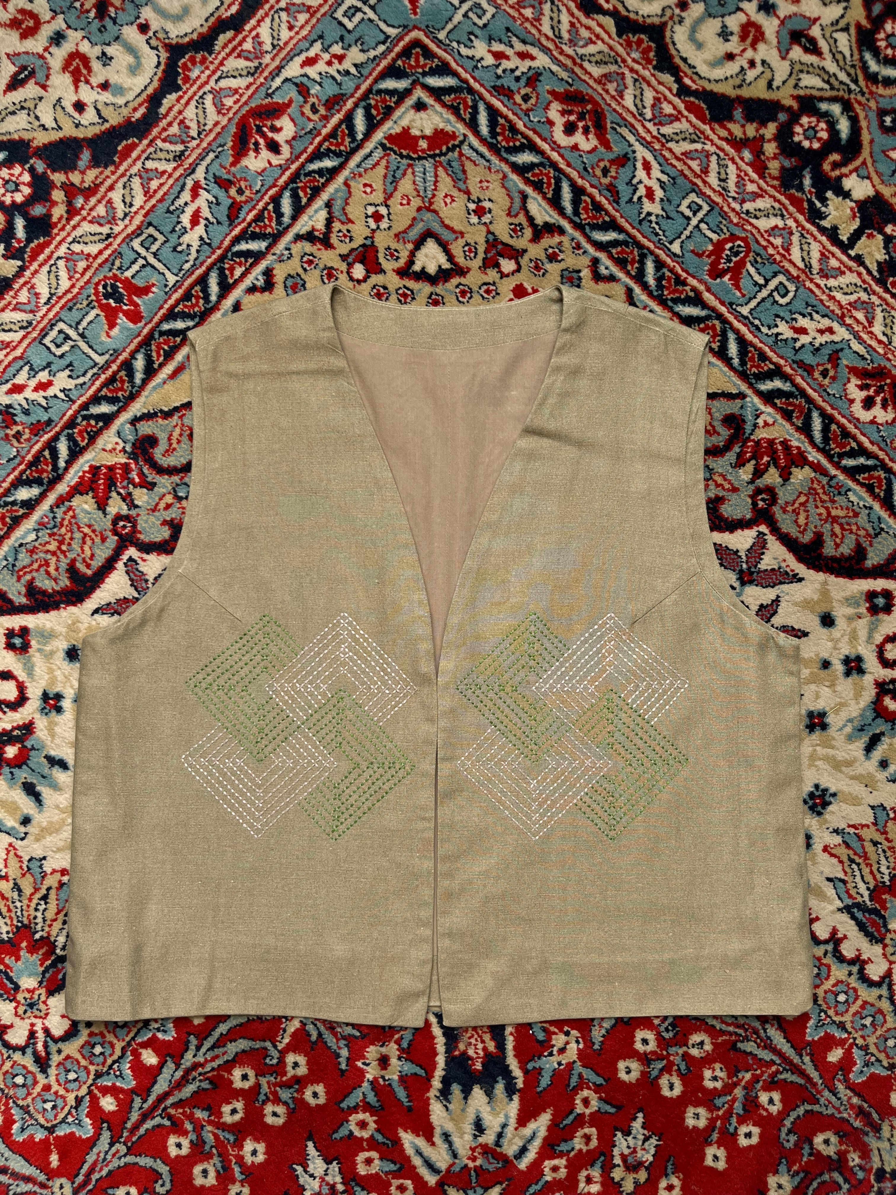 Vintage Womens Embroidered Green Geometric Linen Vest - L