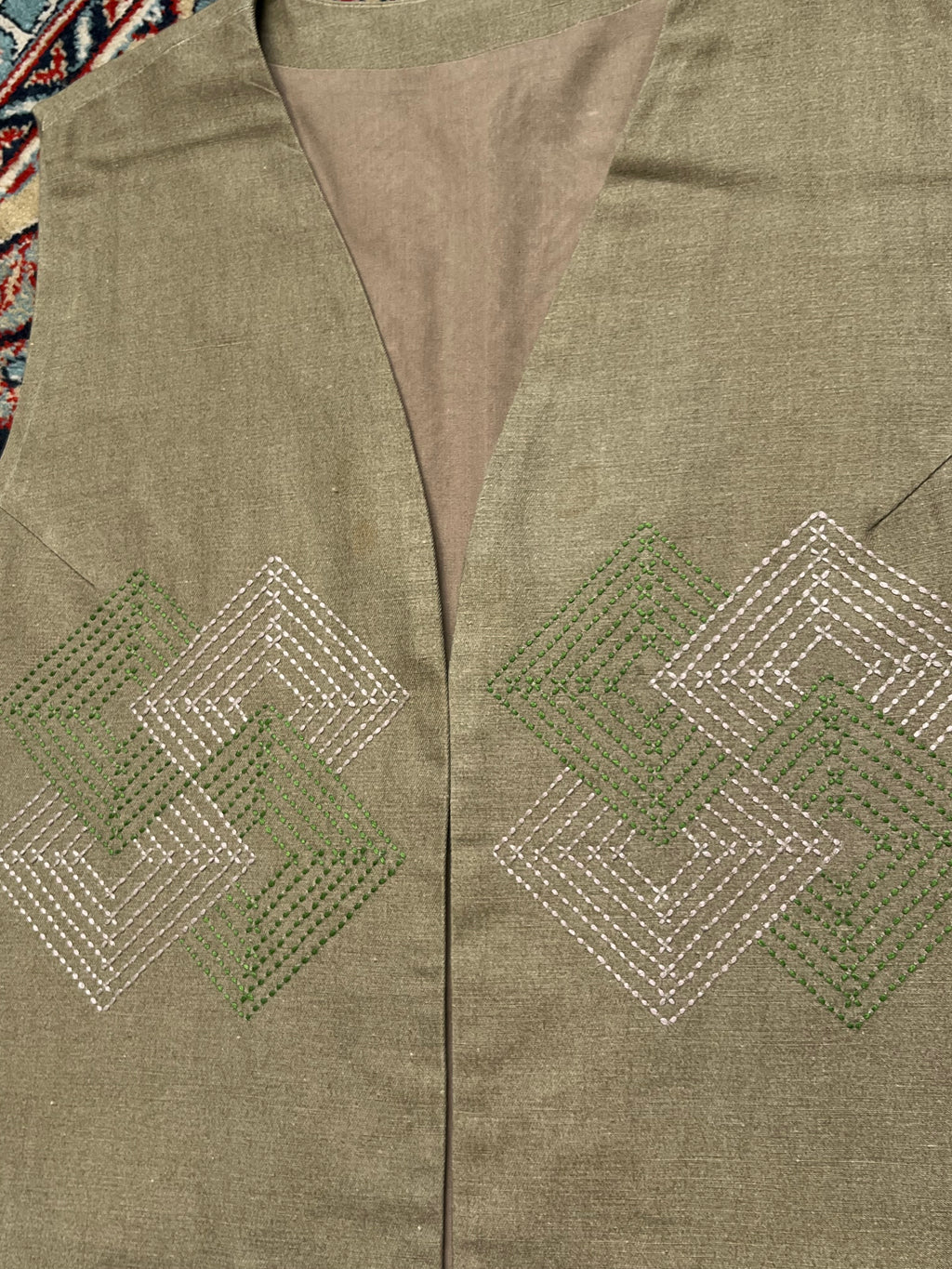 Vintage Womens Embroidered Green Geometric Linen Vest - L