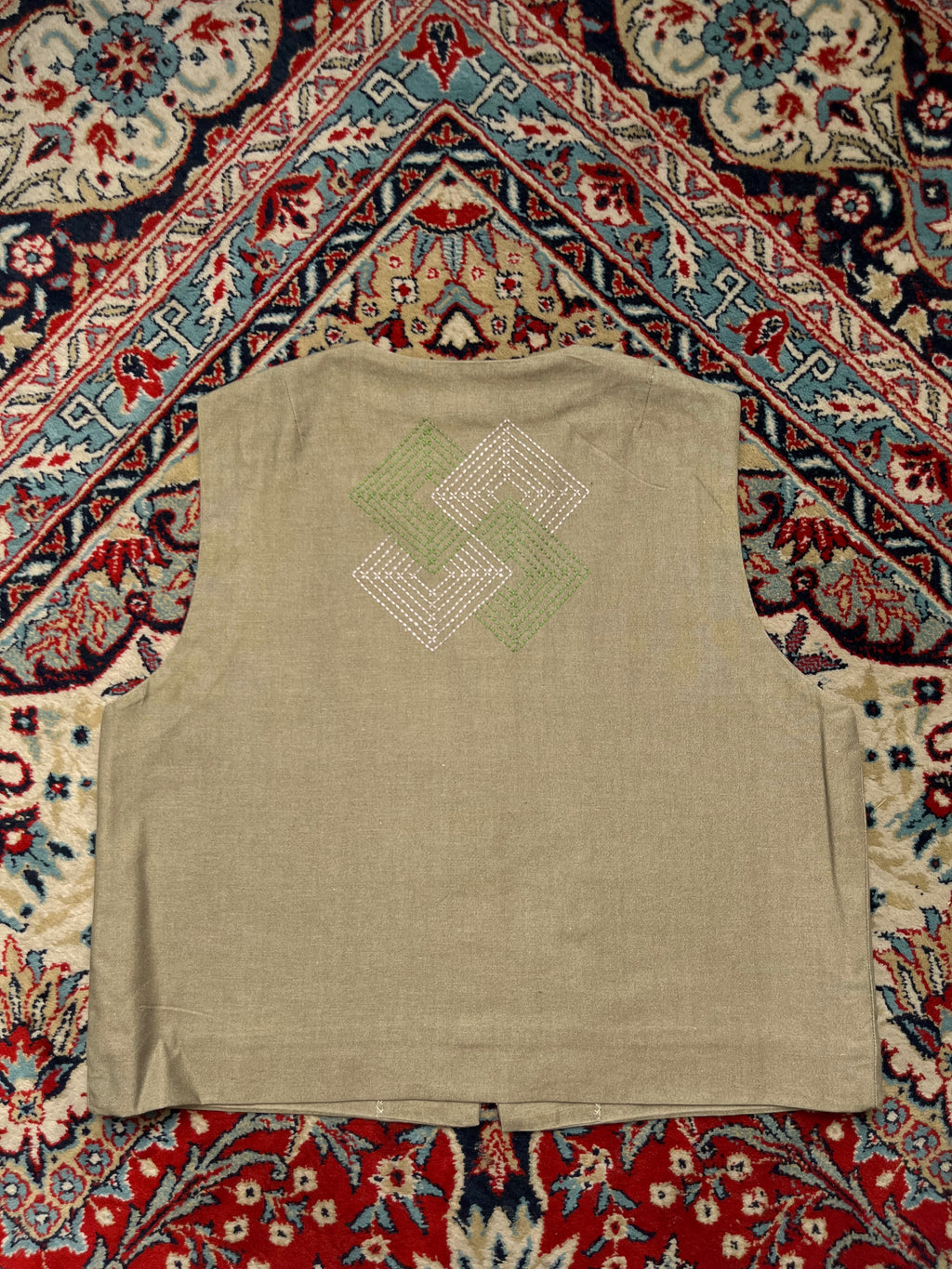 Vintage Womens Embroidered Green Geometric Linen Vest - L