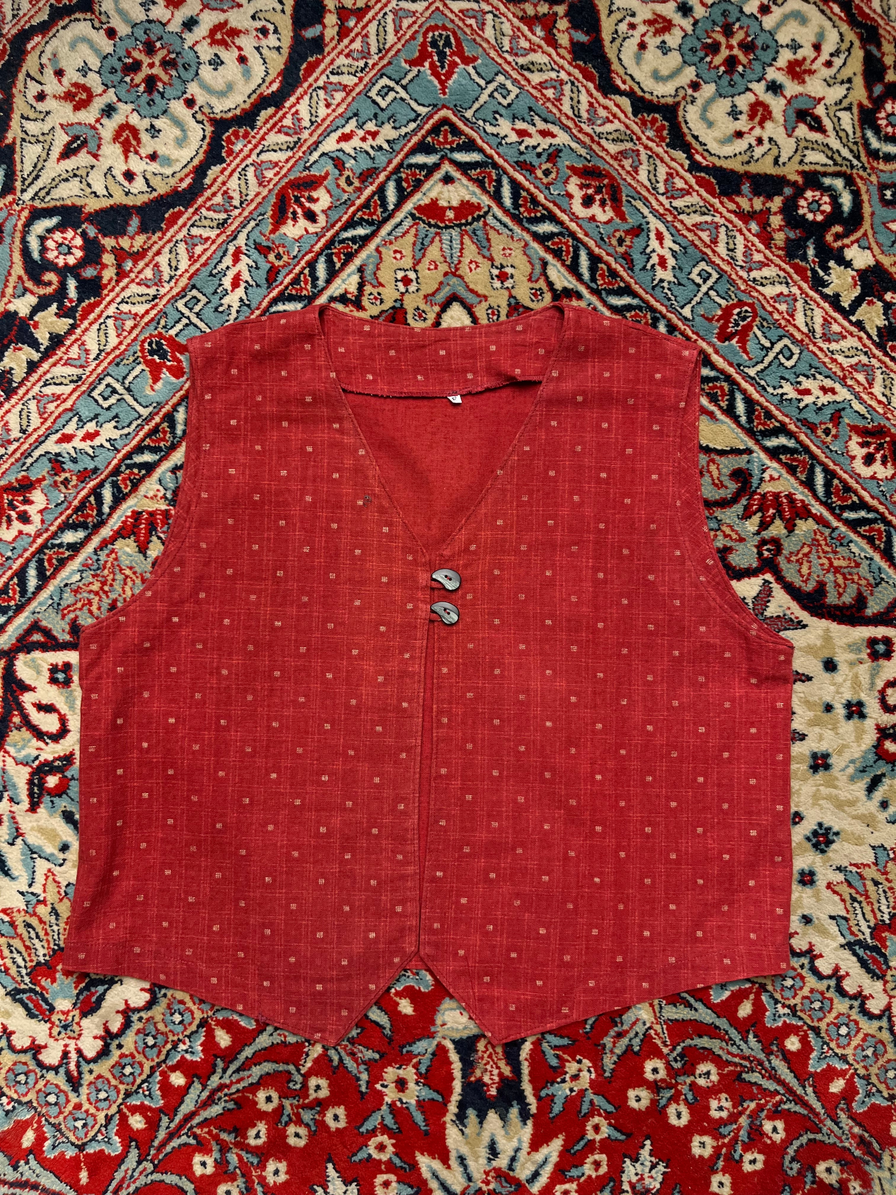 Vintage Red Textured Geometric Print V-Neck Vest - L