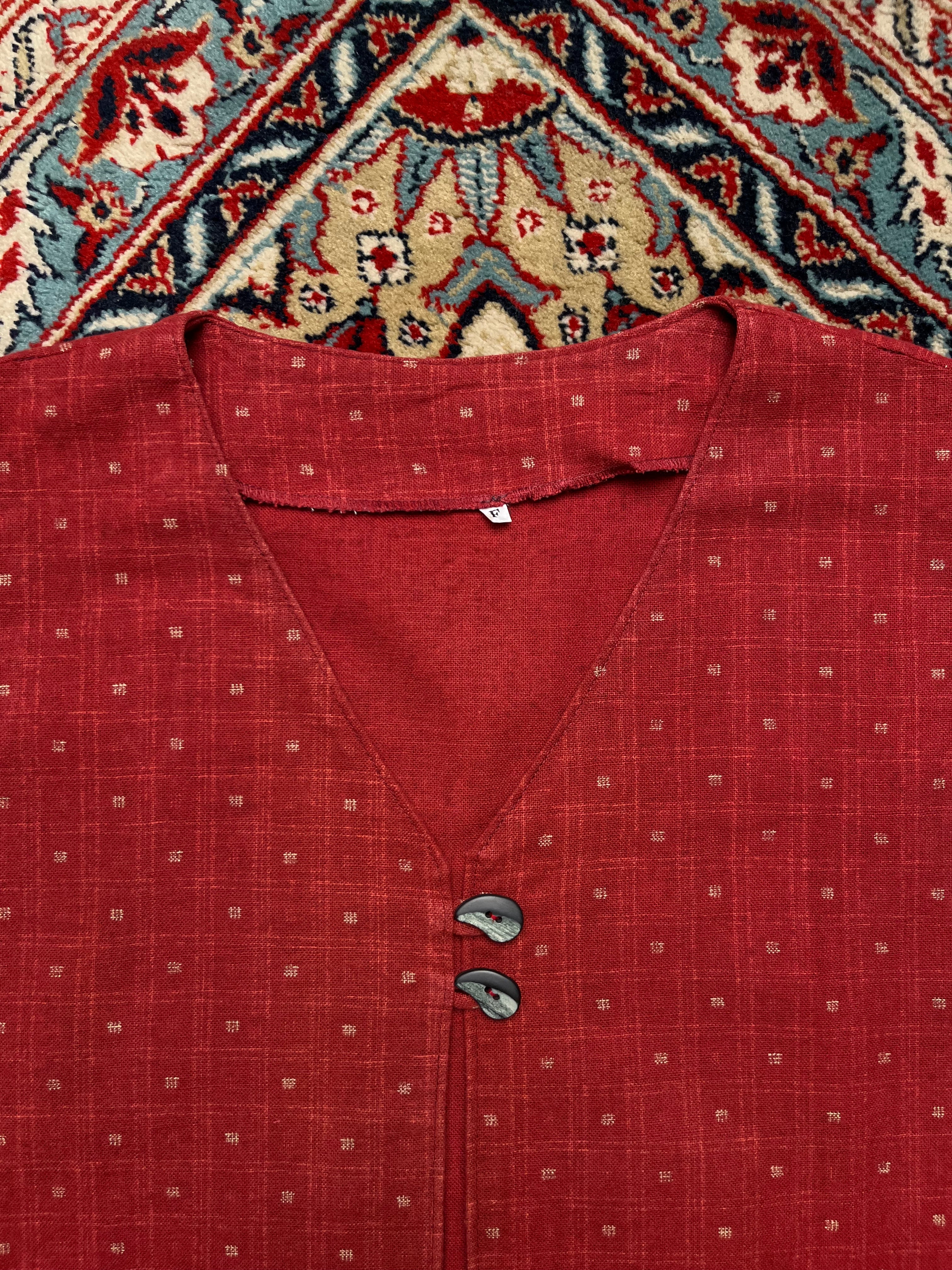 Vintage Red Textured Geometric Print V-Neck Vest - L