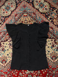 Black Cotton Ruffle Cap Sleeve V-Neck Button Up Blouse - M