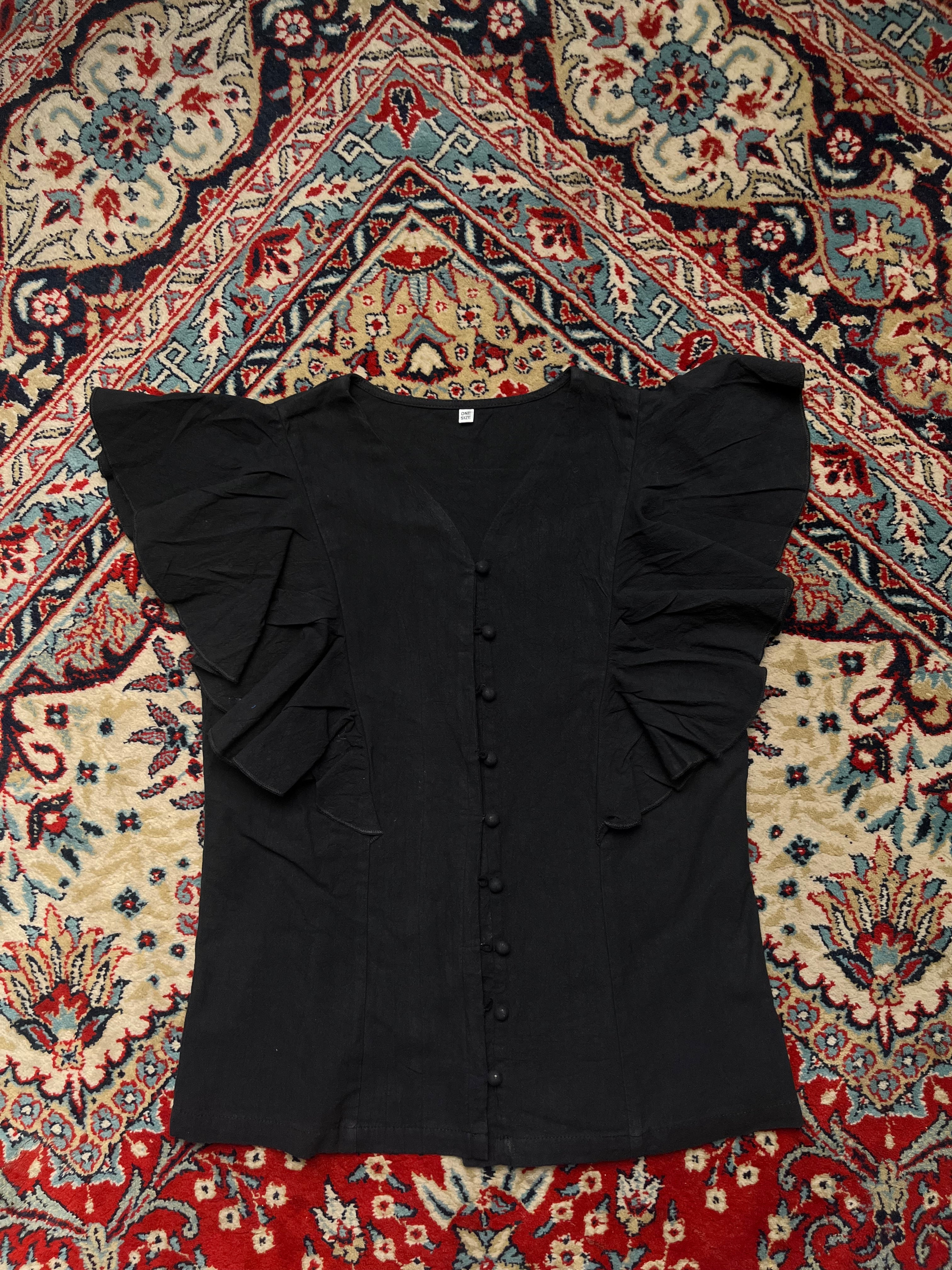 Black Cotton Ruffle Cap Sleeve V-Neck Button Up Blouse - M