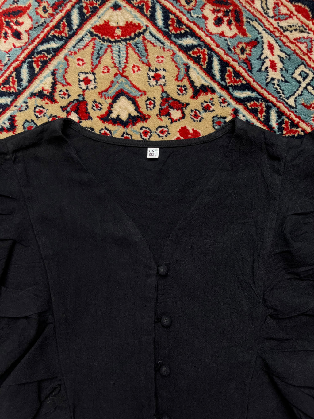 Black Cotton Ruffle Cap Sleeve V-Neck Button Up Blouse - M