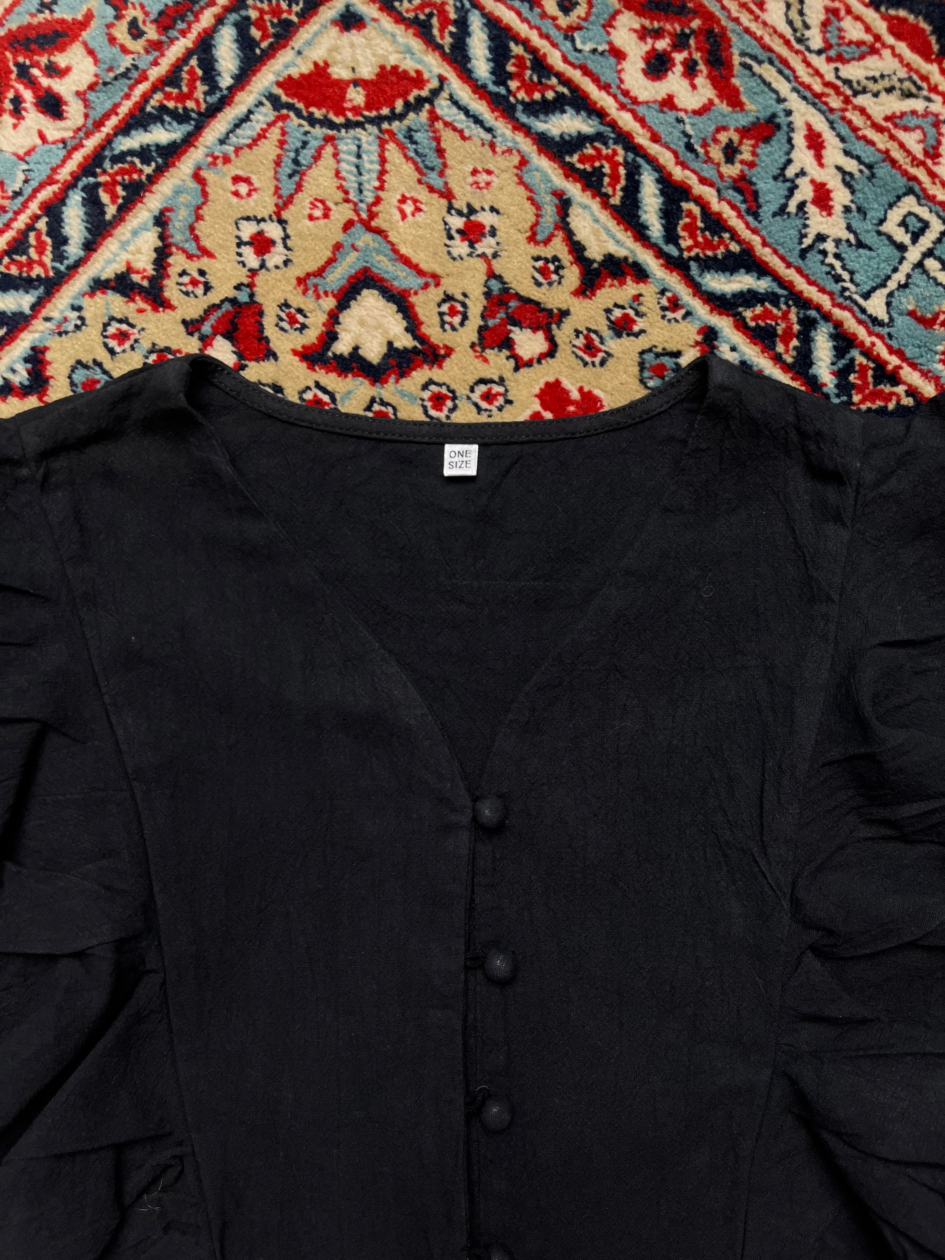 Black Cotton Ruffle Cap Sleeve V-Neck Button Up Blouse - M
