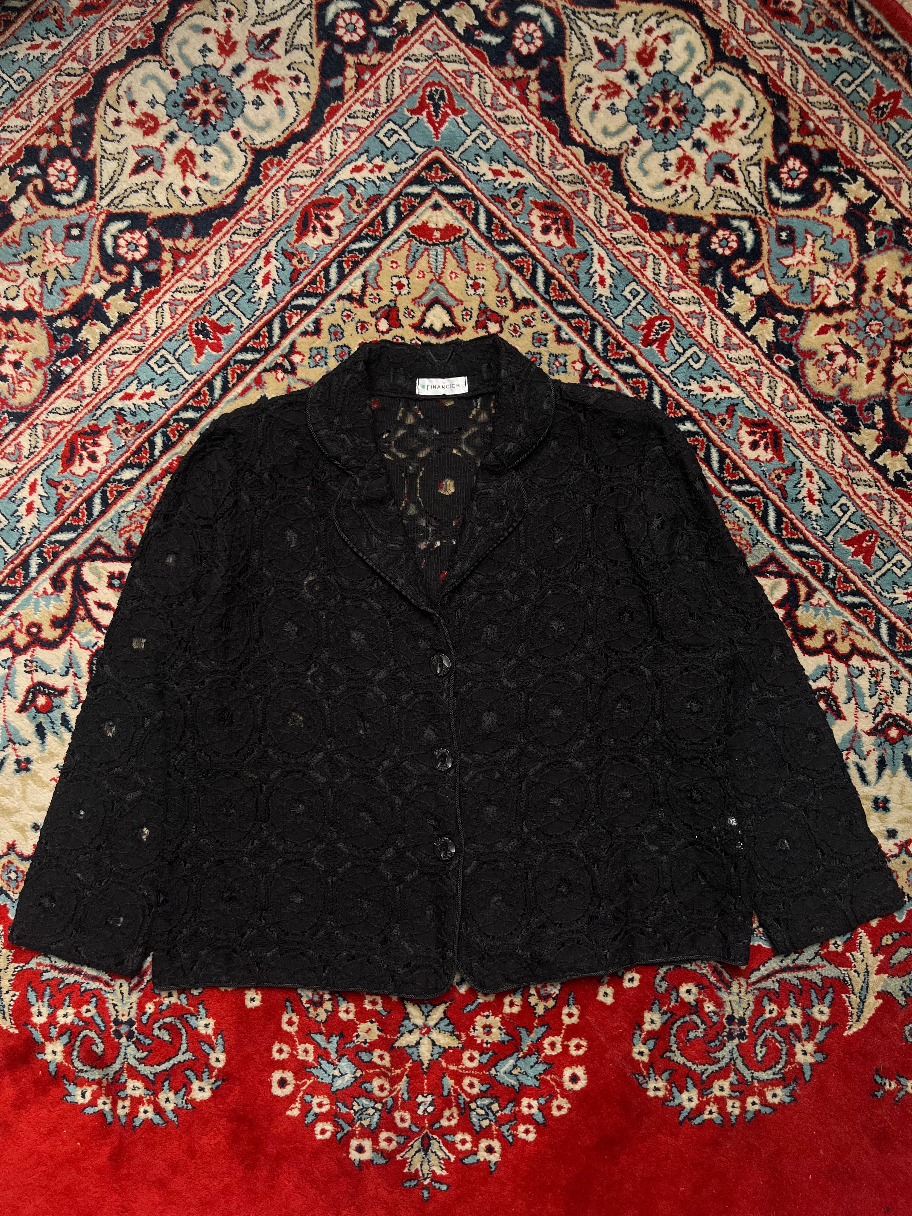Financier Lace Womens Black MESH FLOWERS PATTERENED Blazer - XL