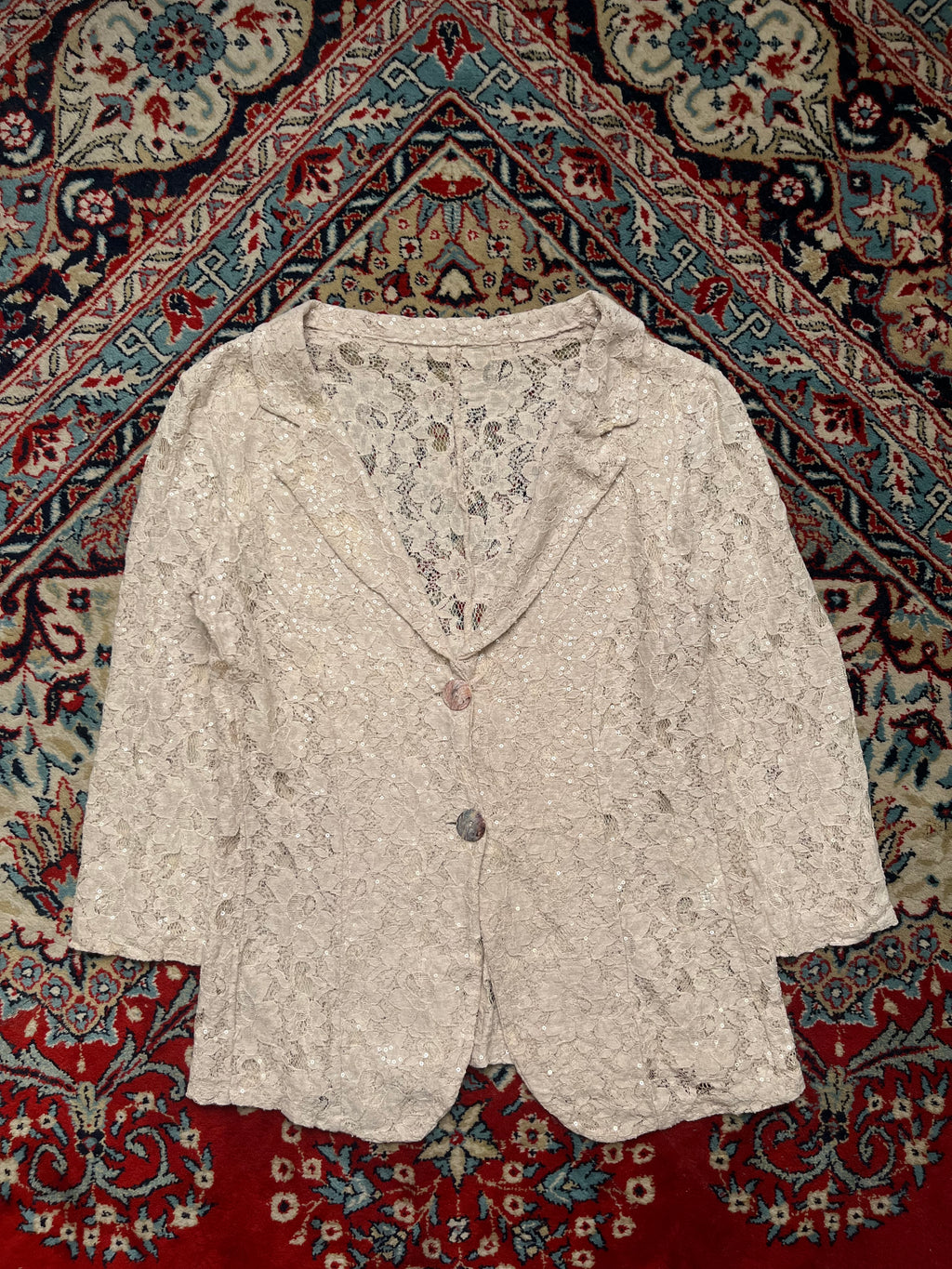 Vintage Italian Lace Sequin BEIGE MESH FLORAL Jacket - M