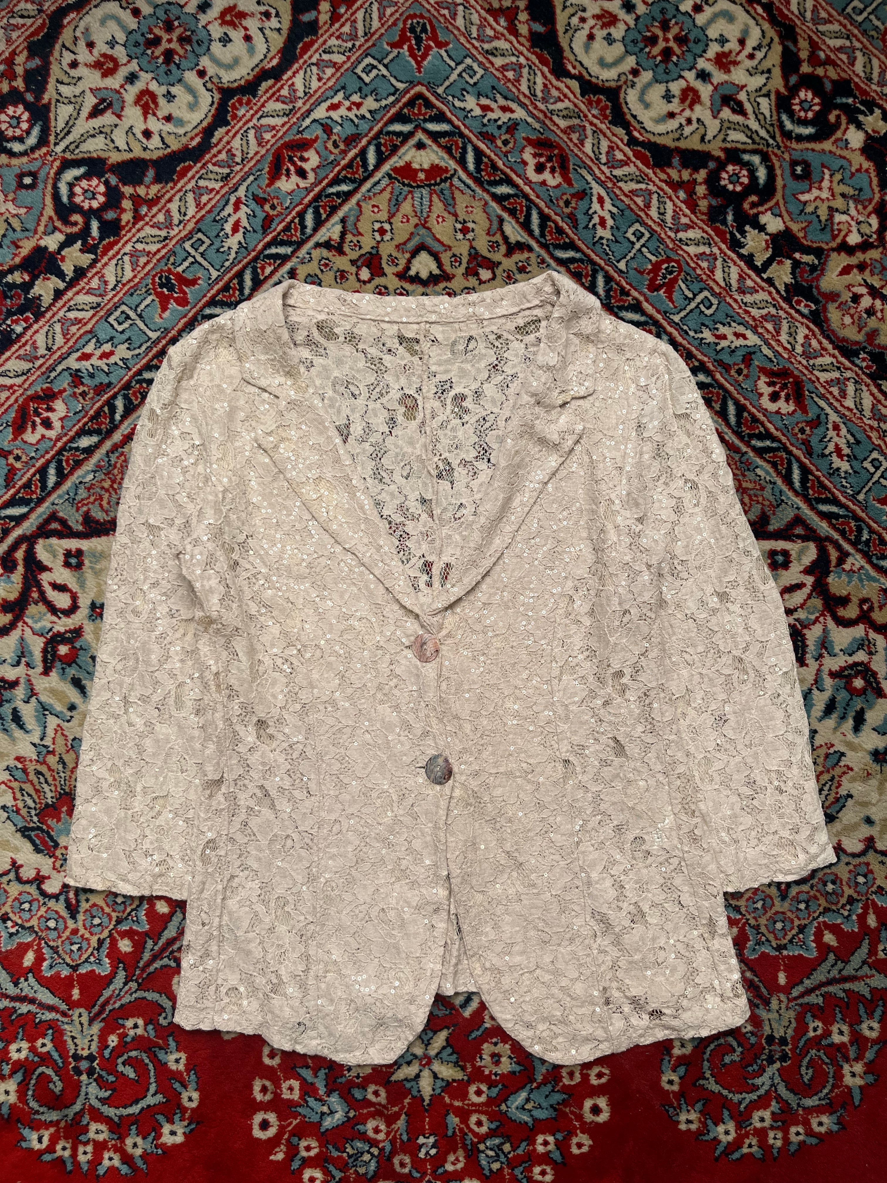 Vintage Italian Lace Sequin BEIGE MESH FLORAL Jacket - M
