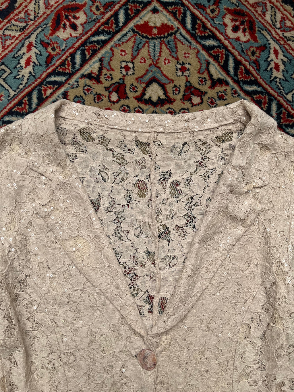 Vintage Italian Lace Sequin BEIGE MESH FLORAL Jacket - M