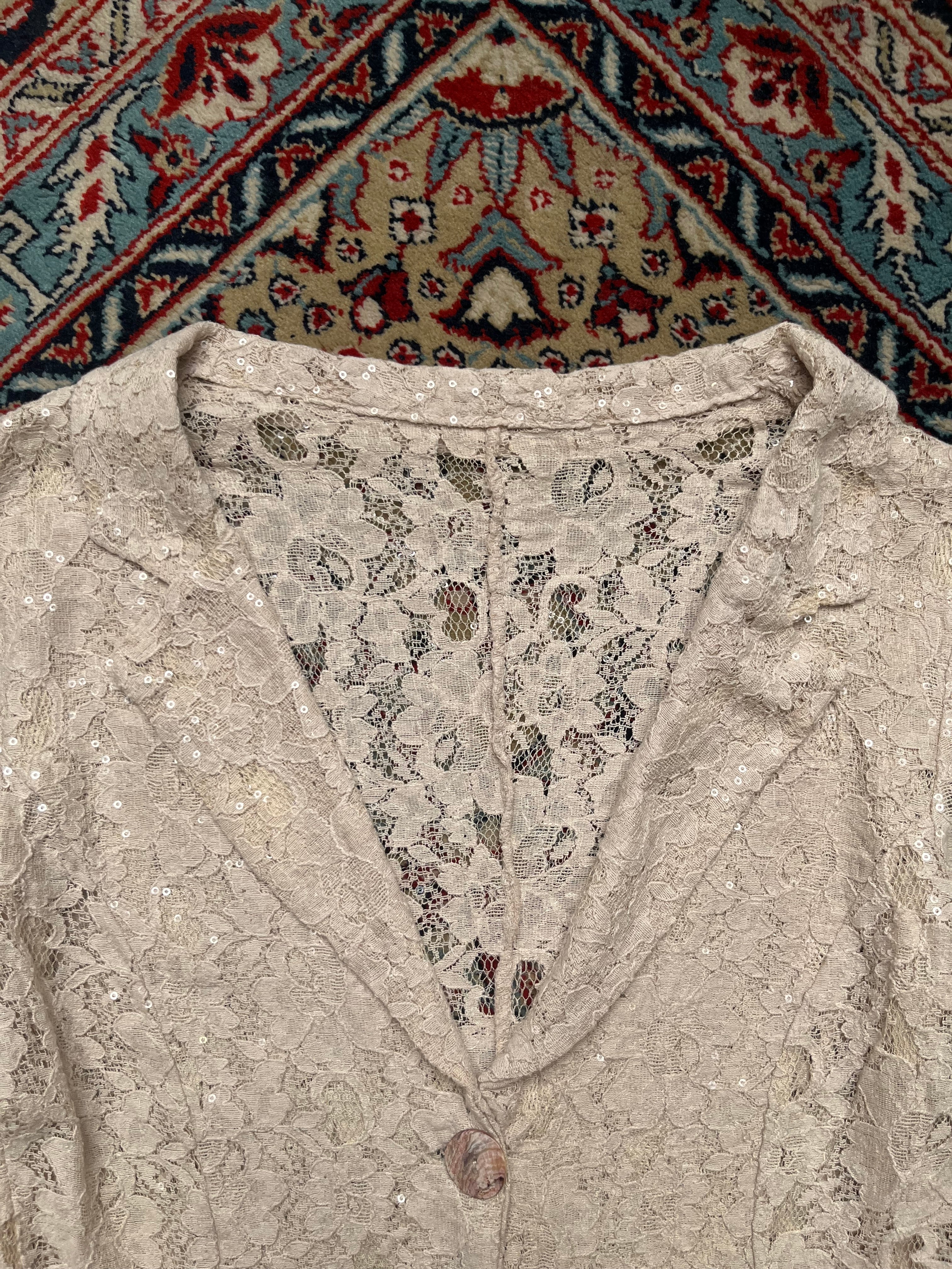 Vintage Italian Lace Sequin BEIGE MESH FLORAL Jacket - M