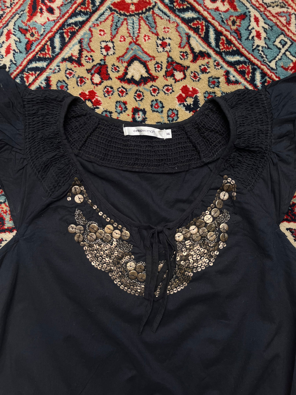 Celop Woman Black Cotton Embellished Blouse - M