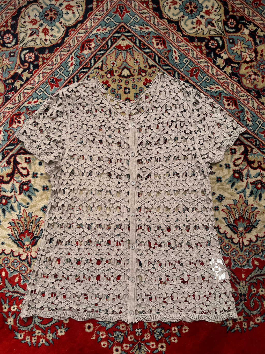 Vintage POLPOA Cotton Crochet Knit Beige Floral Dress- L