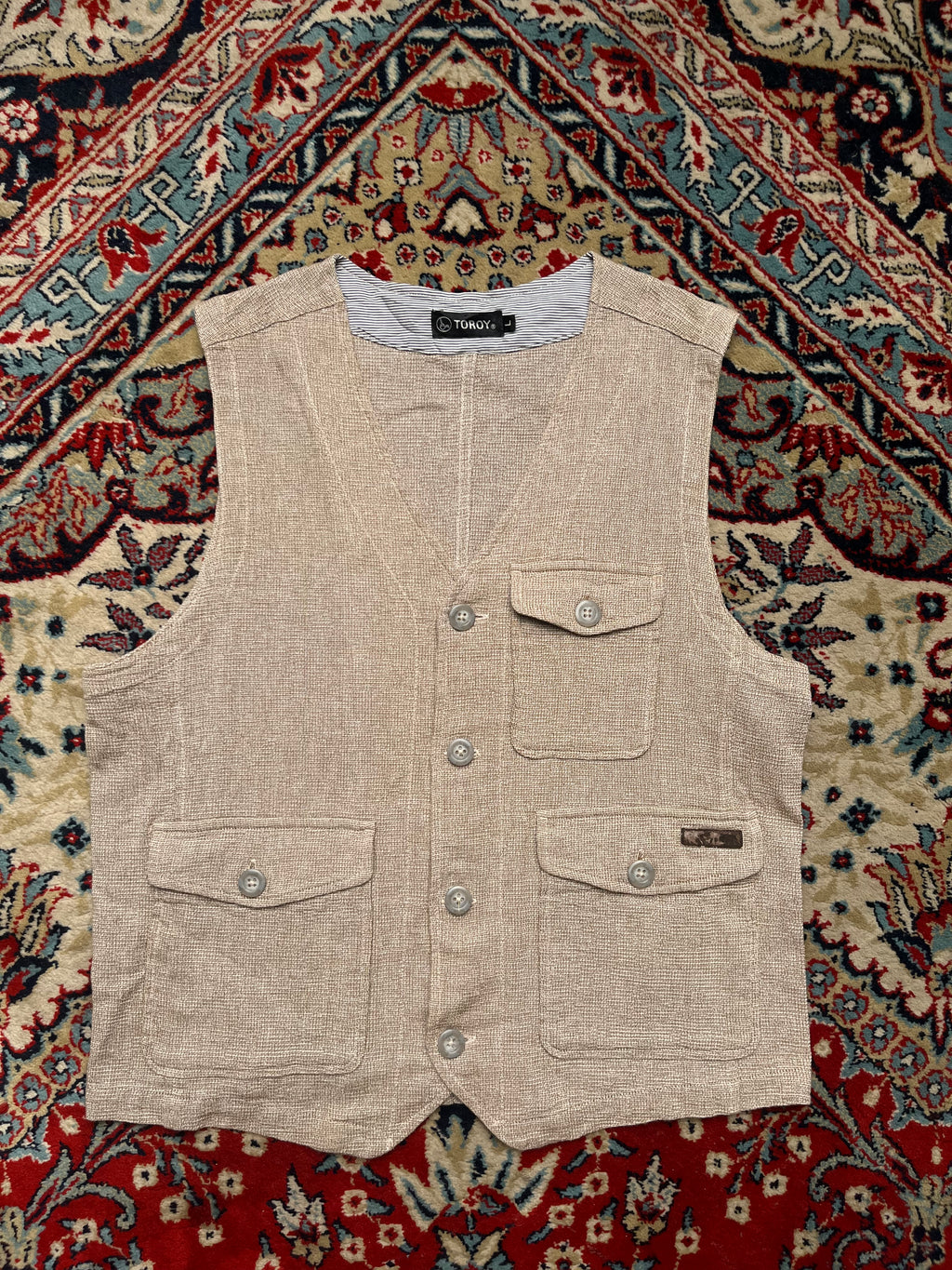 Toroy Cotton Beige Textured Button Up Vest - L