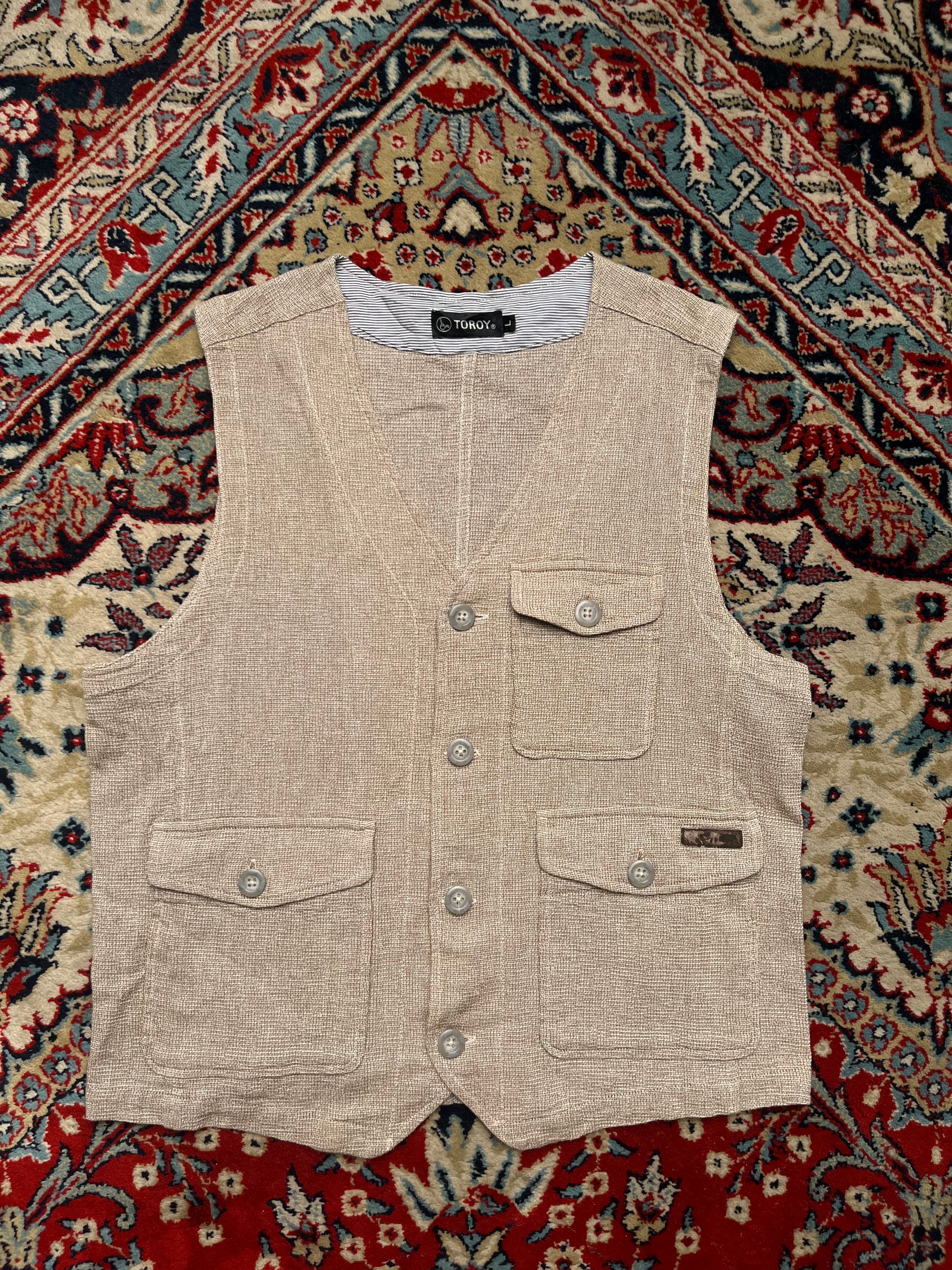 Toroy Cotton Beige Textured Button Up Vest - L