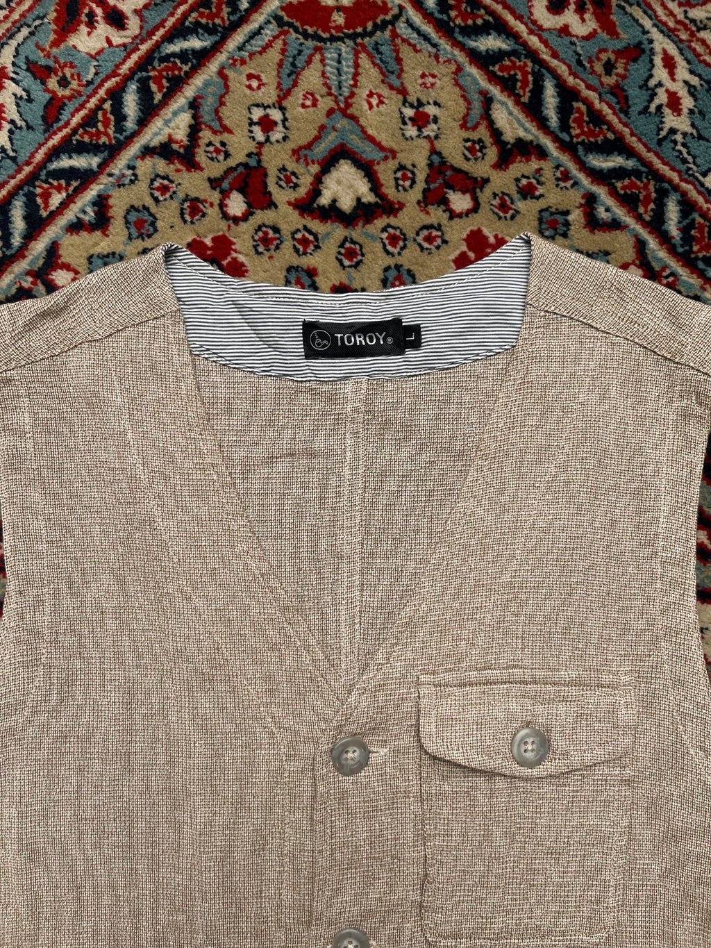 Toroy Cotton Beige Textured Button Up Vest - L