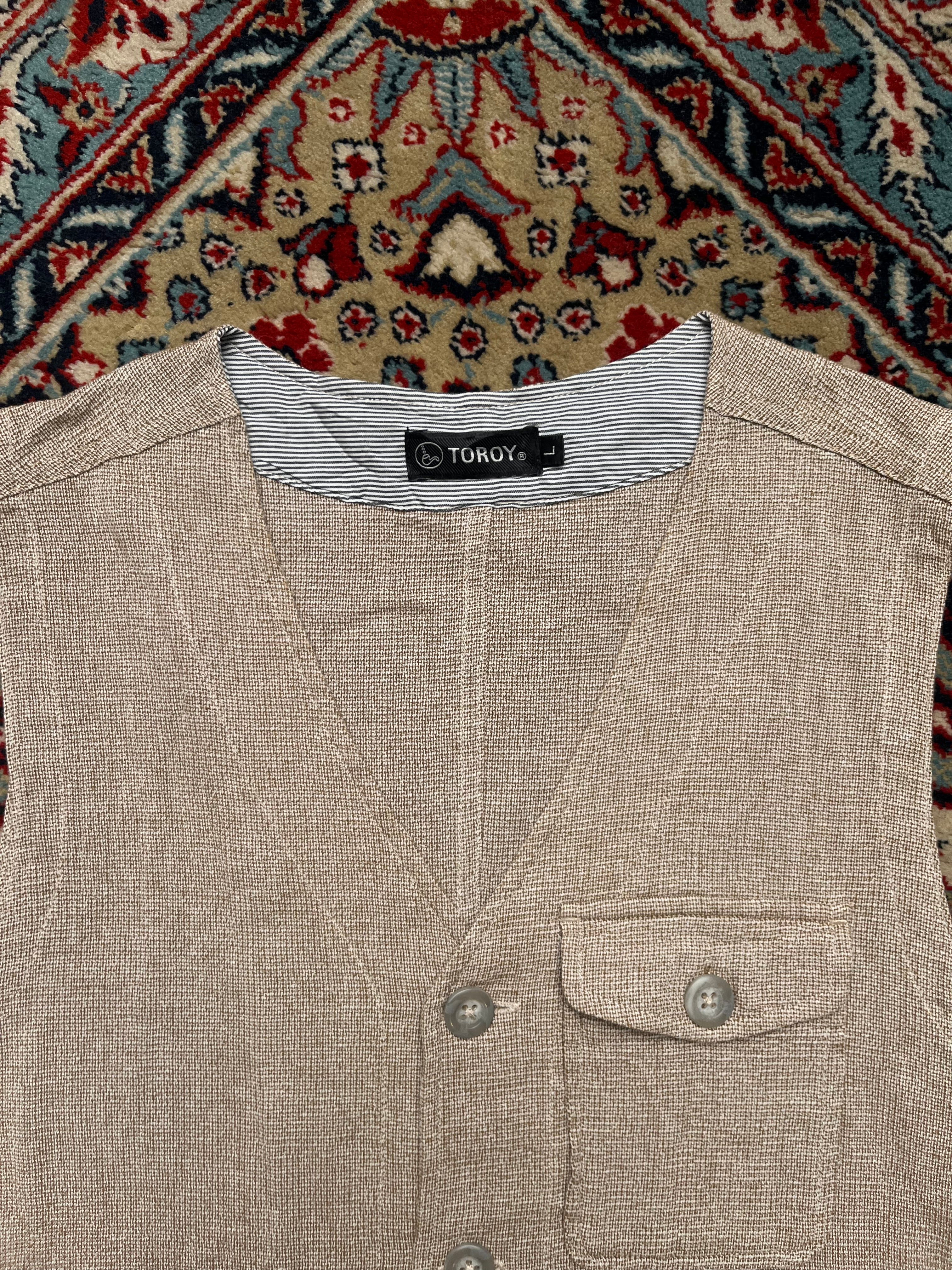 Toroy Cotton Beige Textured Button Up Vest - L