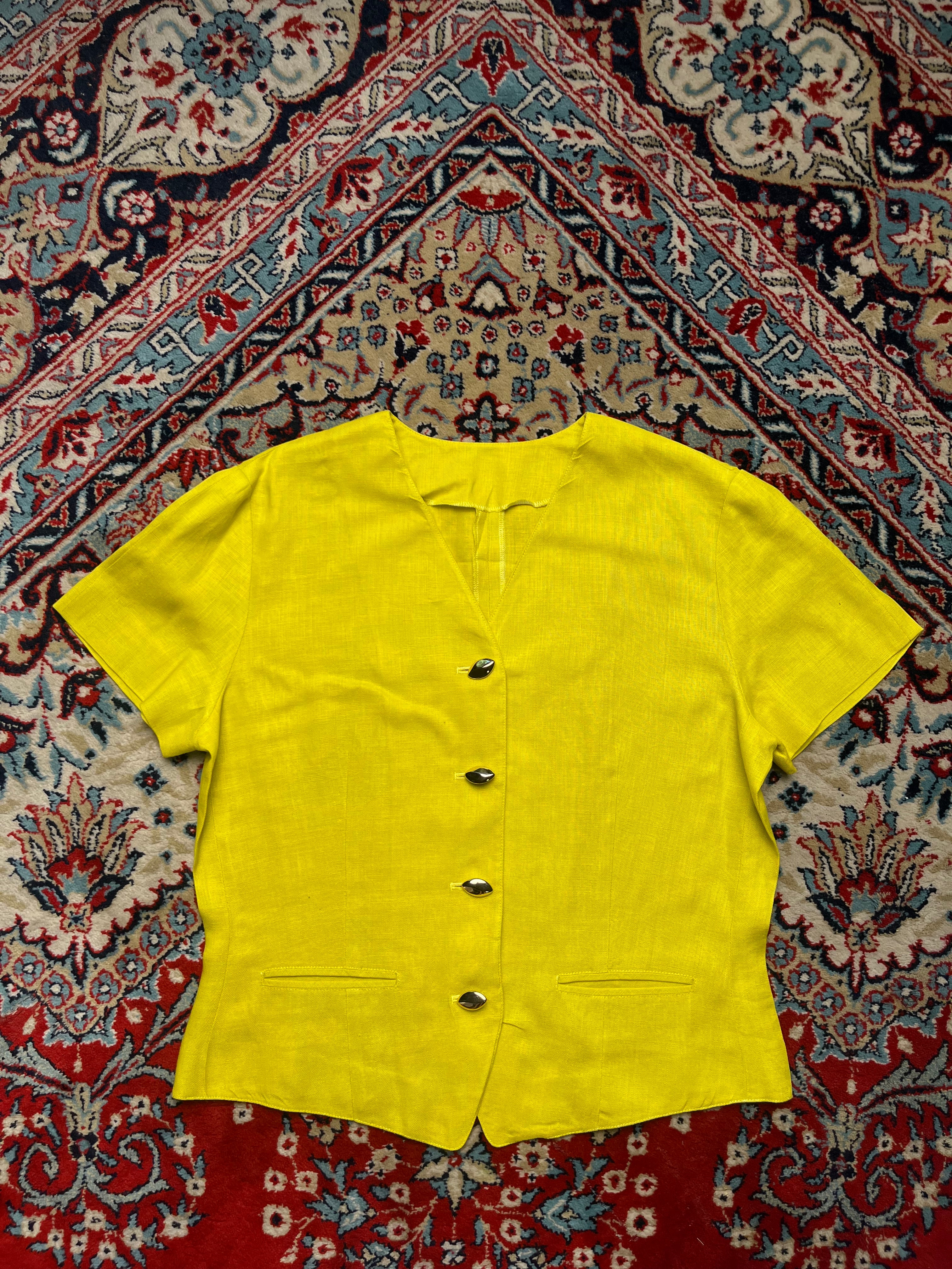 Vintage Womens Linen Bright Yellow Button Up Shirt - L