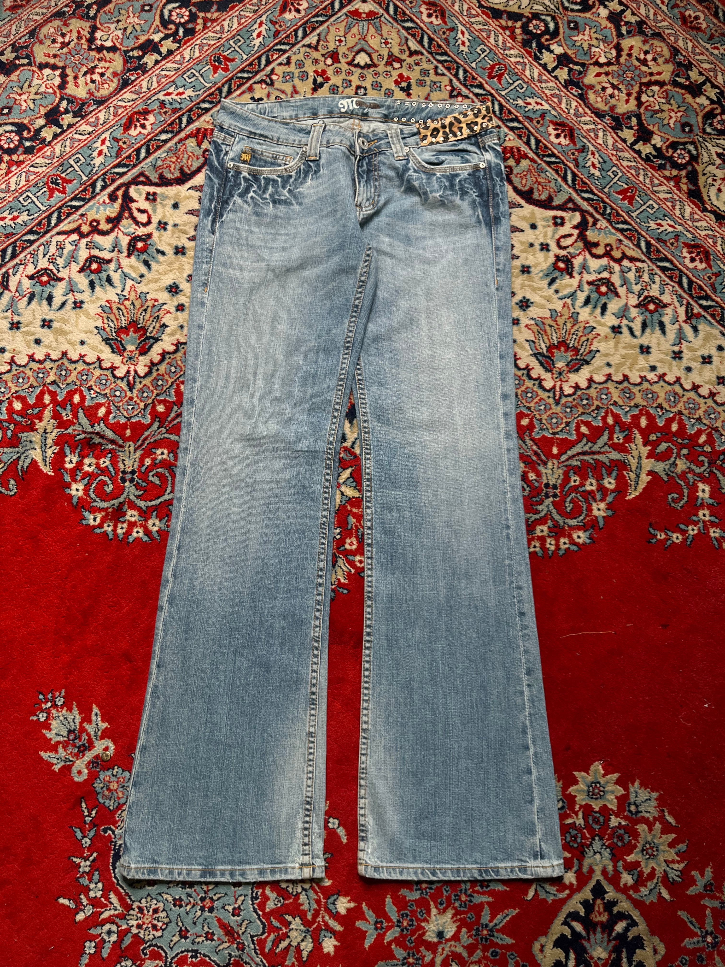 MISS ME Blue Denim Leopard Flap Pocket Rhinestone Stud Bootcut JEANS - 32