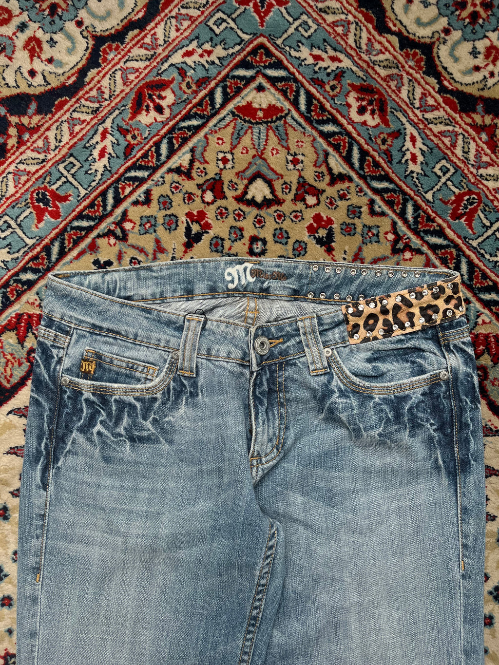 MISS ME Blue Denim Leopard Flap Pocket Rhinestone Stud Bootcut JEANS - 32