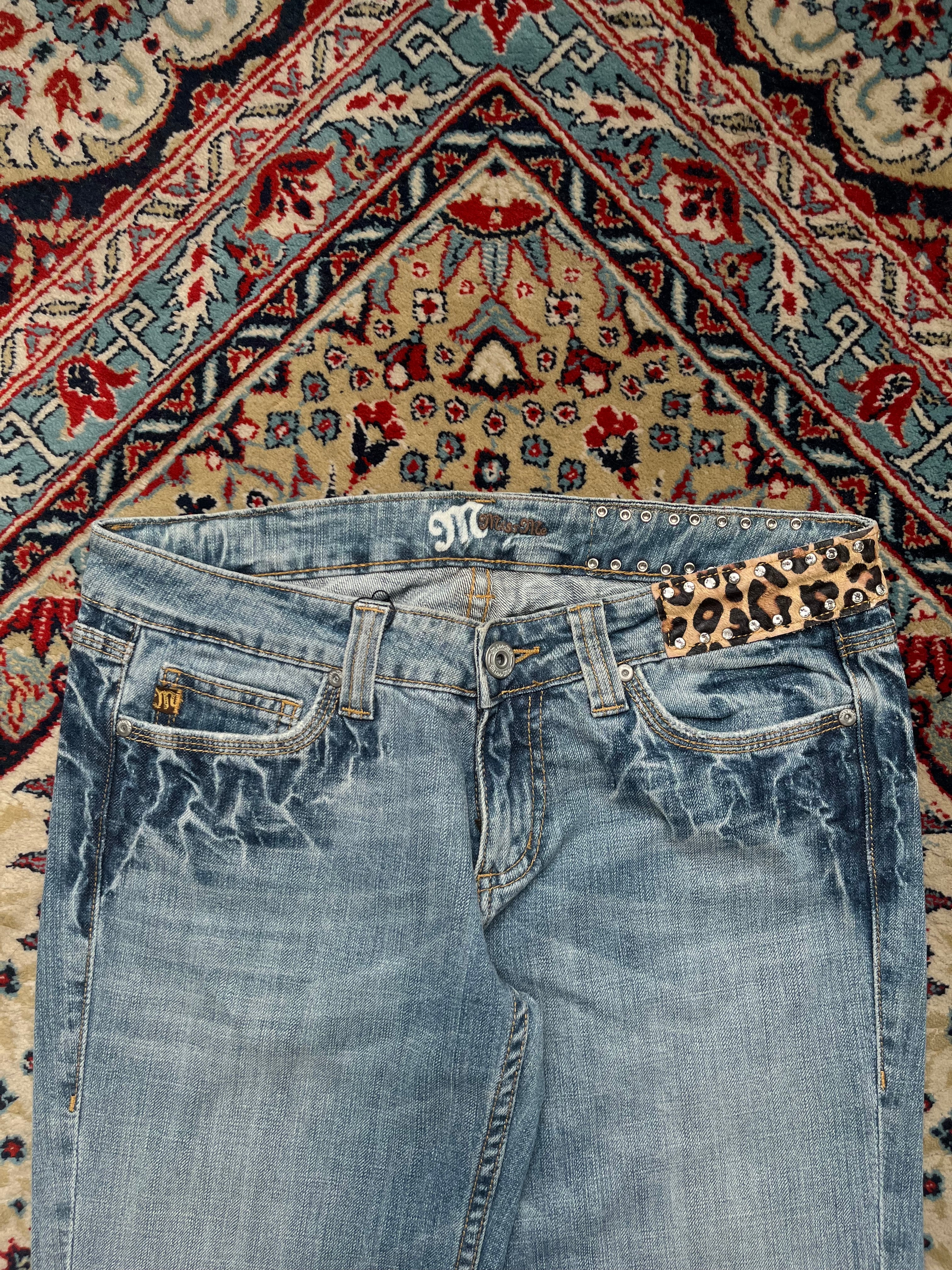 MISS ME Blue Denim Leopard Flap Pocket Rhinestone Stud Bootcut JEANS - 32